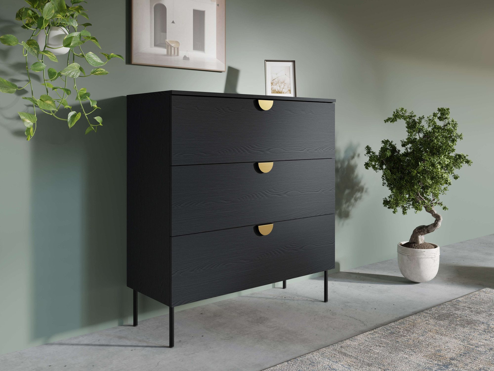 Home affaire Kommode BELLOT Sideboard mit 3 Schubladen, Maße B/T/H: 100/40/107 cm, auf Metallfüßen, mit goldenen Metallgriffe