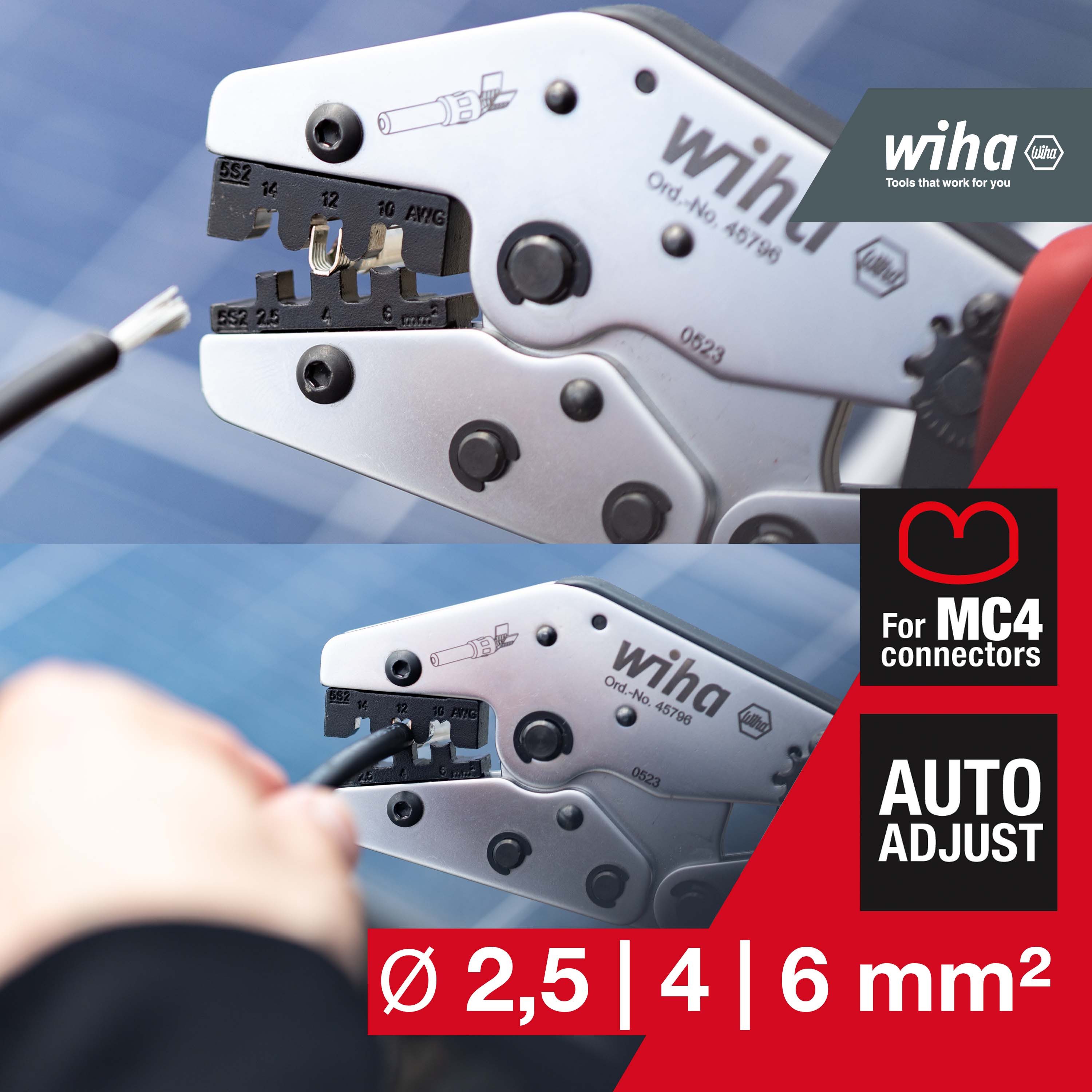 Wiha Crimpzange Elektriker (45796), MC4 Stecker, Photovoltaik Crimpwerkzeug, Solar Zange, 2,5/4 / 6 mm²