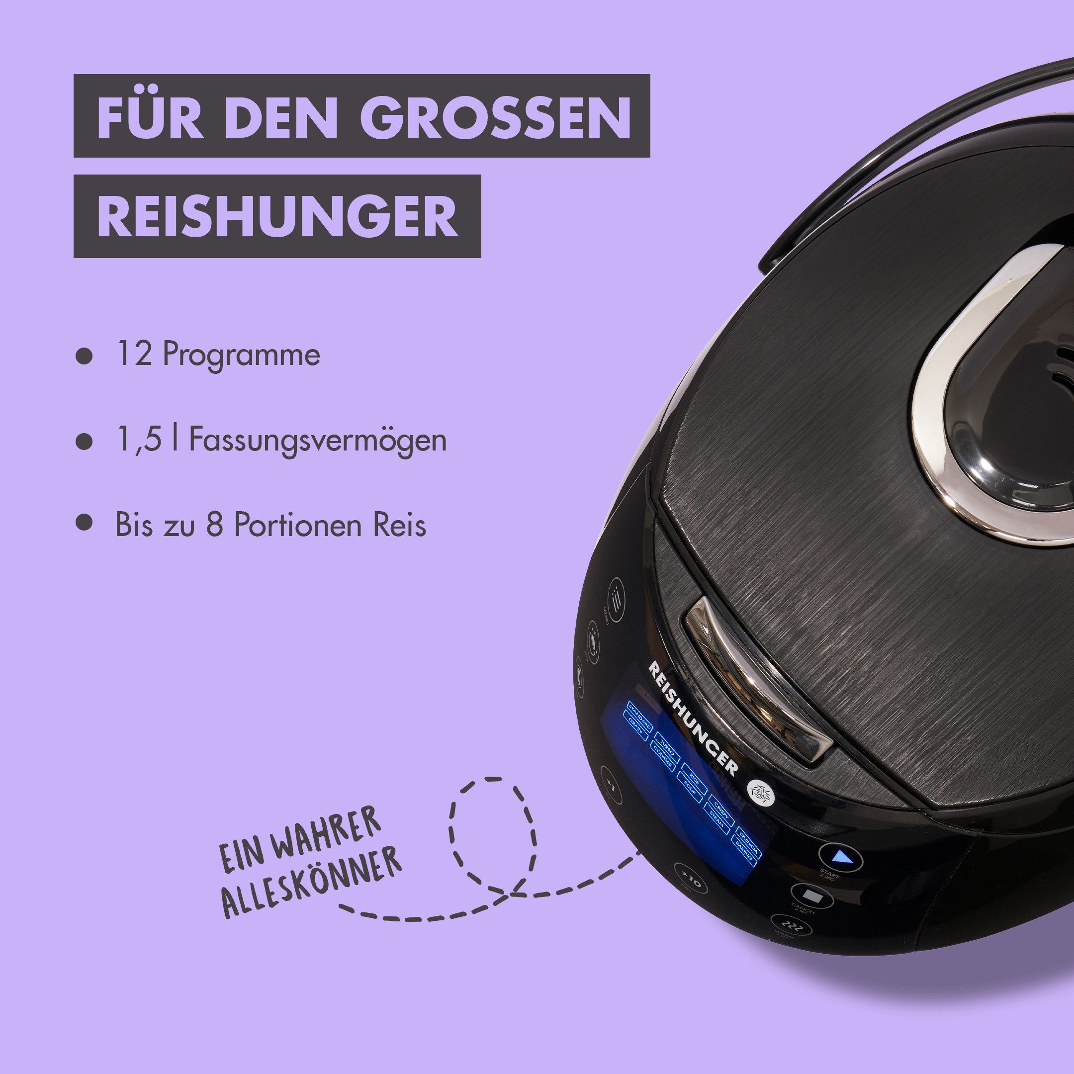 Reishunger Reiskocher REISHUNGER Digitaler Reiskocher, schwarz, 1,5L, Kennenlernset, 860 W, Fuzzy Logic mit 7-Kochphasen-Technologie