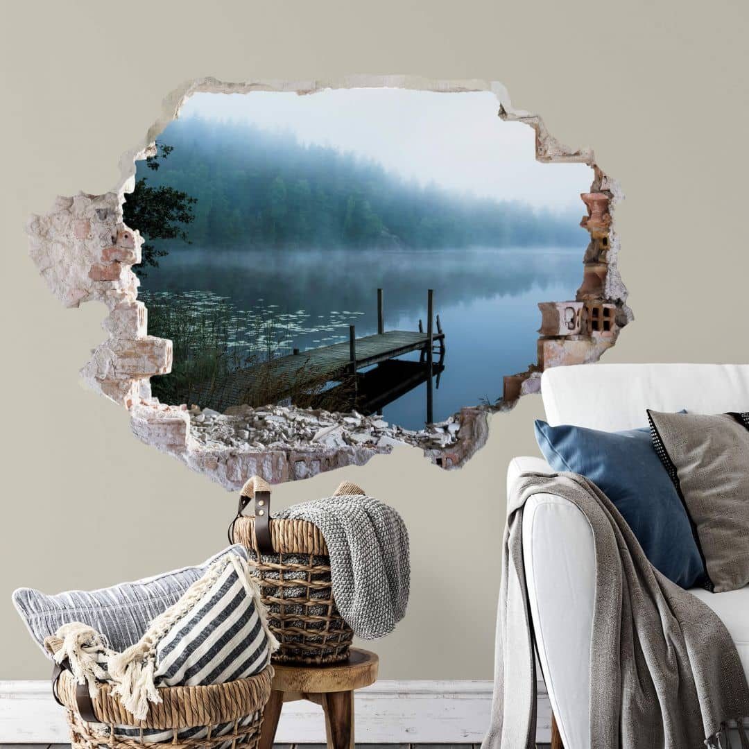 K&L Wall Art Wandtattoo 3D Wandtattoo Nebel Landschaft Aufkleber Lindsten Wellness Steg am See, Mauerdurchbruch Wandbild selbstklebend | Wandtattoos