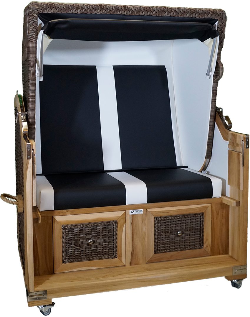 Strandkorb Strandkorb Teak 2 Sitzer Voll-Liegemodell Kunstleder schwarz / weiß