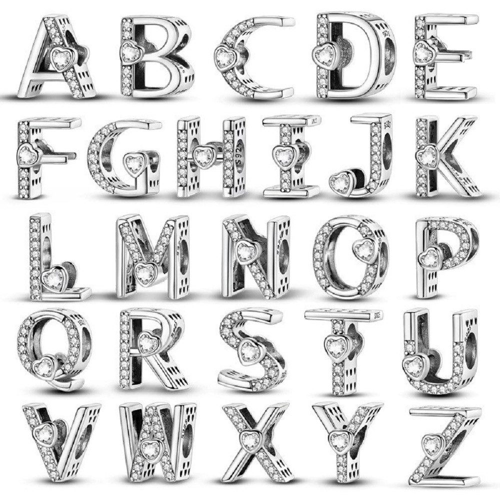 PANDACHARMS Charm Buchstabe Alphabet A-Z Block Buchstabe für Charm Armband, 925 Silber, Zirkonia