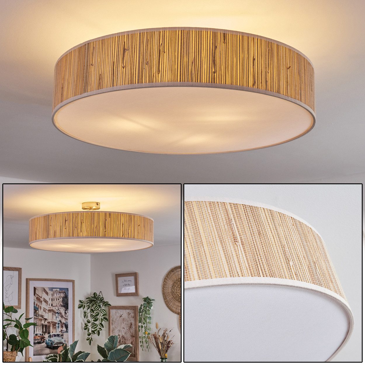 hofstein Deckenleuchte Deckenlampe aus Metall/Binsenstroh/Kunststoff in Nickel-matt/Natur, ohne Leuchtmittel, runde Deckenleuchte im modernen Design (Schirm 60 cm), E27