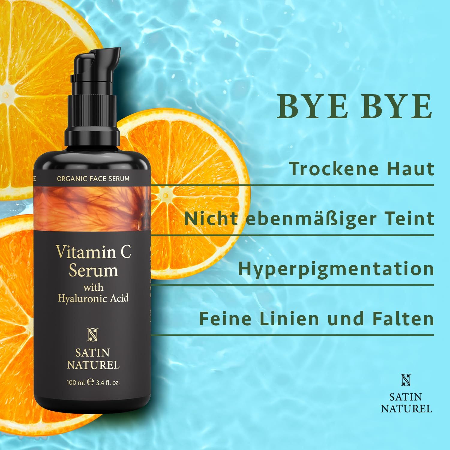 Satin Naturel Gesichtsserum Hyaluron Hochdosiert 100 ml zur intensiven Feuchtigkeitsversorgung und Unterstützung eines glatten, prallen Hautbildes., mit 4-fach Hyaluronsäure, Bio Aloe Vera und Rosenwasser