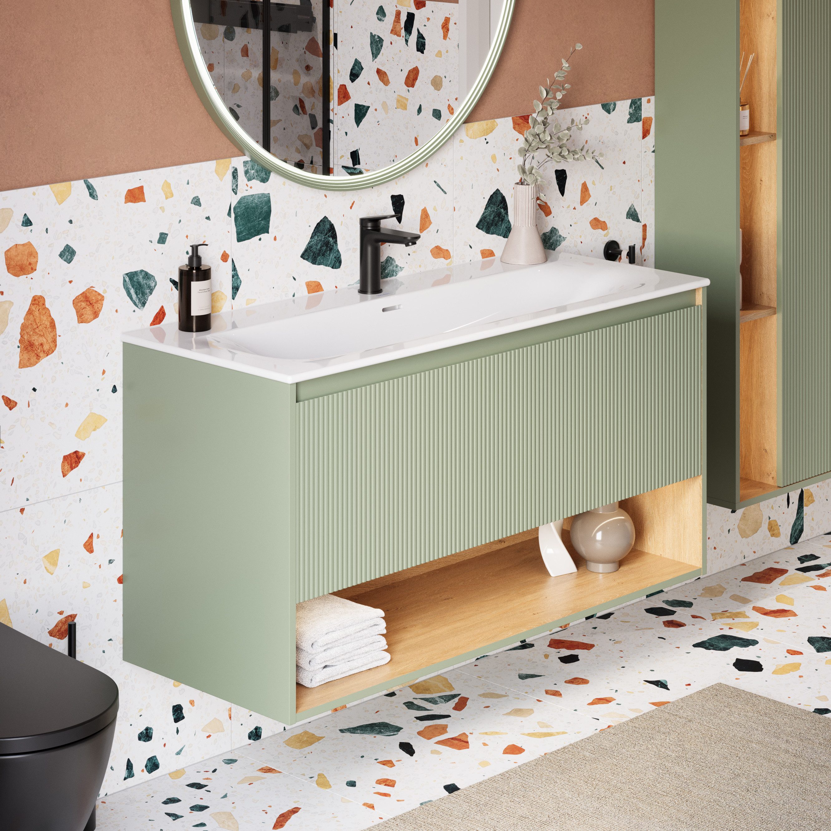 Bernstein Waschbeckenunterschrank BELDIVO 120cm Jadegrün matt Duravit LED (1 Hahnloch) Waschtischunterschrank mit Waschbecken 1 Schublade Innenschublade LED