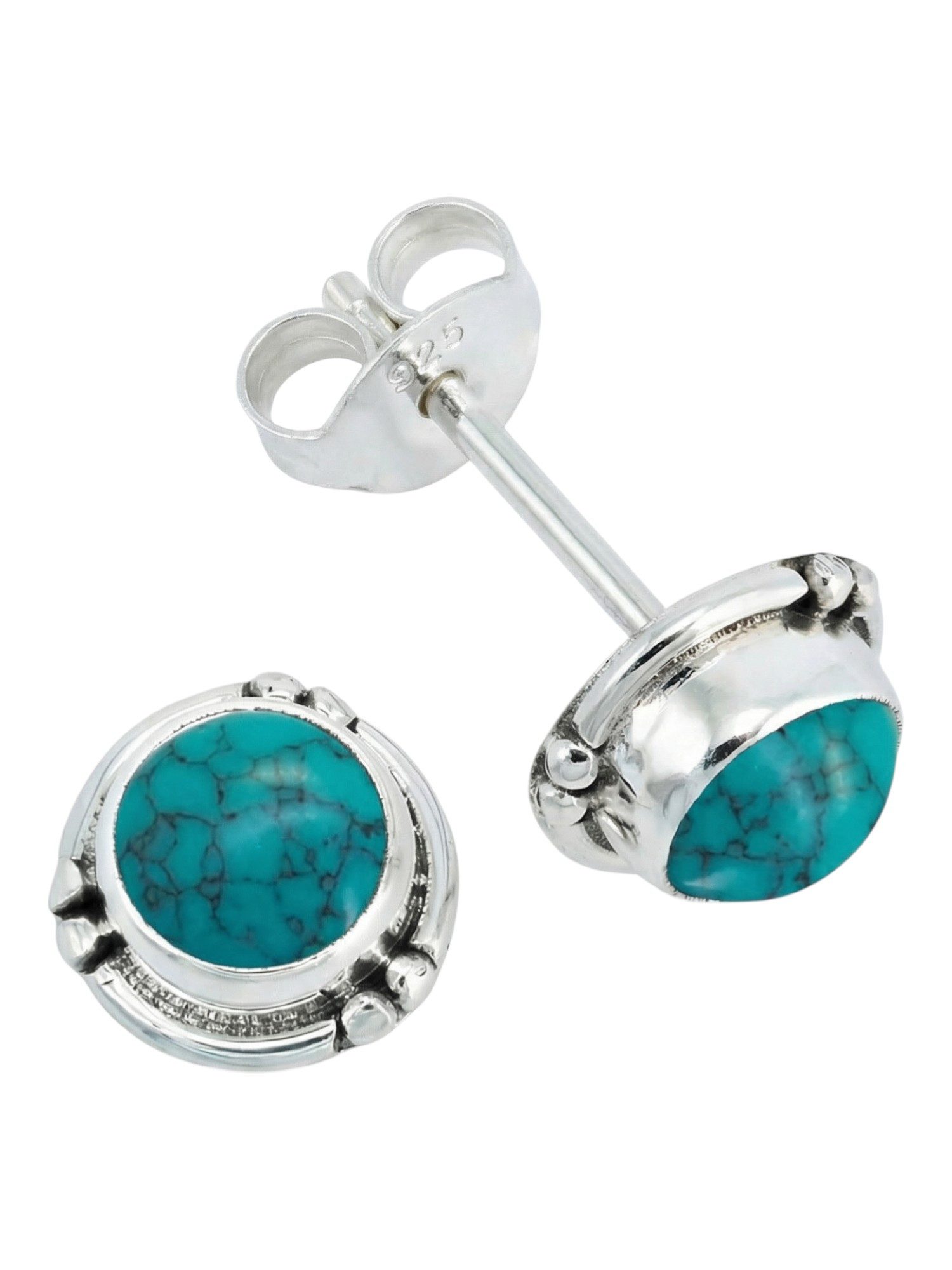 mantraroma Paar Ohrstecker LITANG aus 925 Silber mit Türkis (Paar, Paar Ohrringe mit Schmuckbeutel), 925 Sterling Silber Ohrringe für Damen