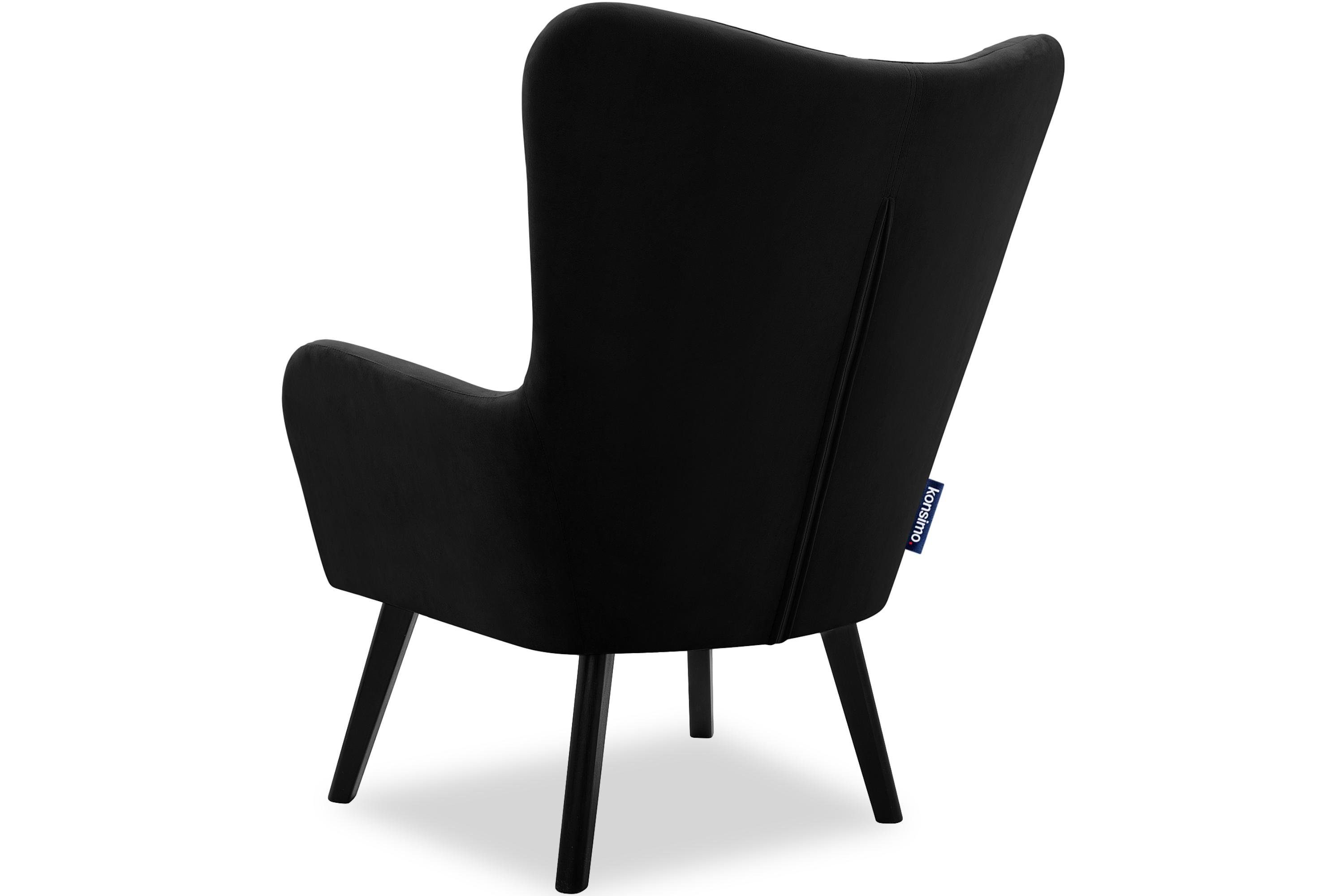 Konsimo Ohrensessel lackierte Holzbeine PUR-Schaum im schwarz Sitz, Schwarz schwarz | GADI, Velourstoff