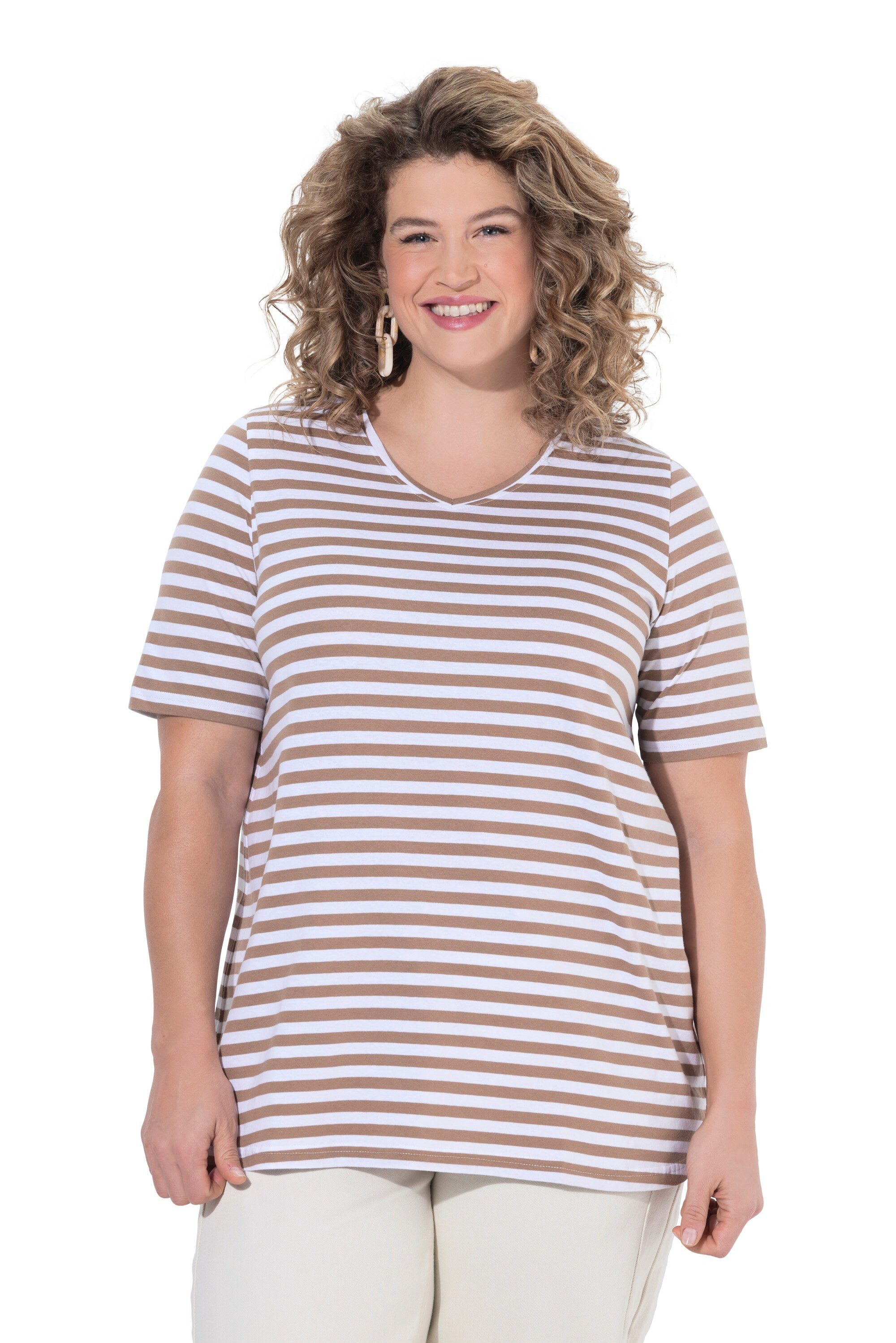 Ulla Popken T-Shirt T-Shirts 2er-Pack Ringel/uni V-Ausschnitt Halbarm