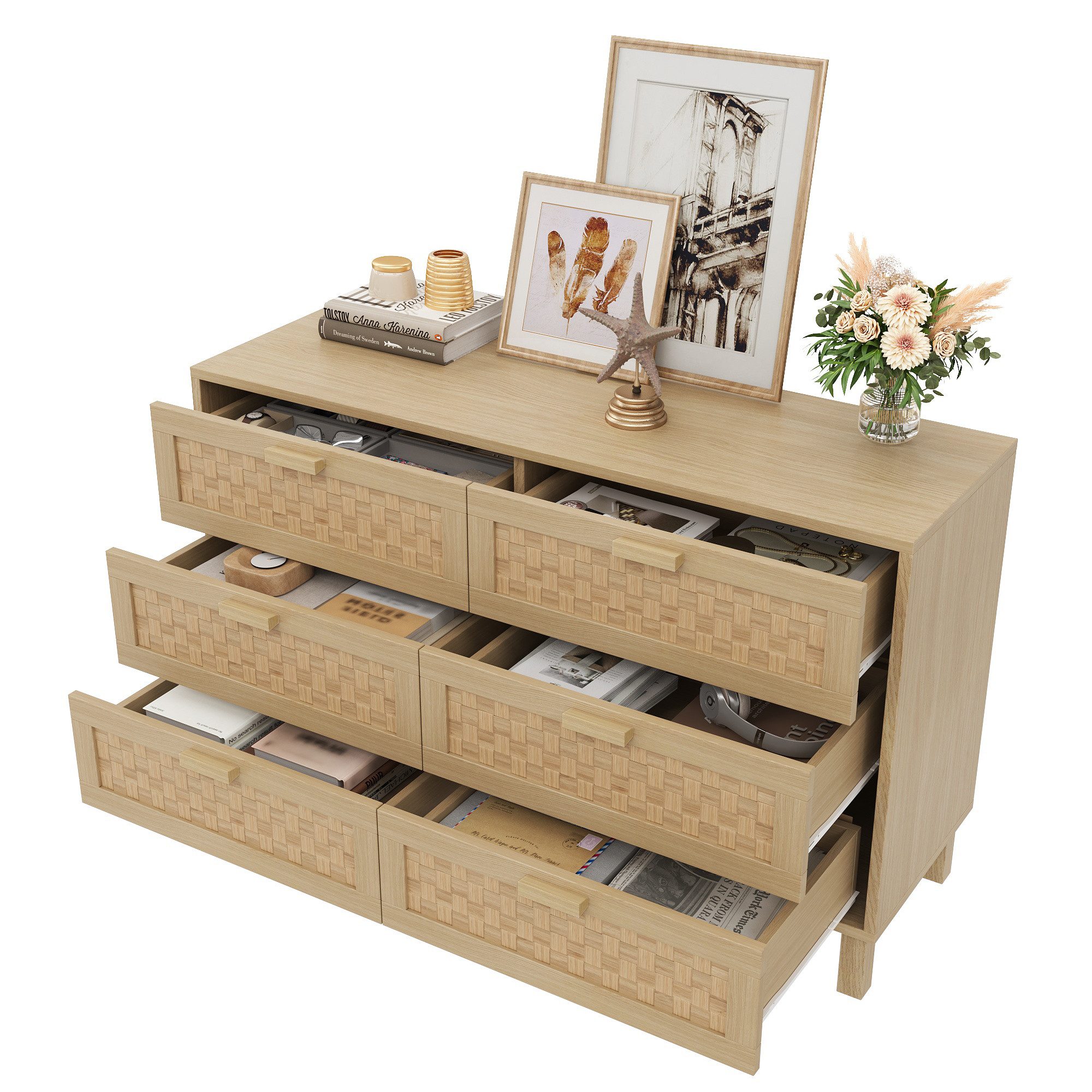 ANYSUN Sideboard Kommode TV-Schrank Schubladen in Rattanoptik (Set, 1 Nachtkonsolen), Breite 120 cm