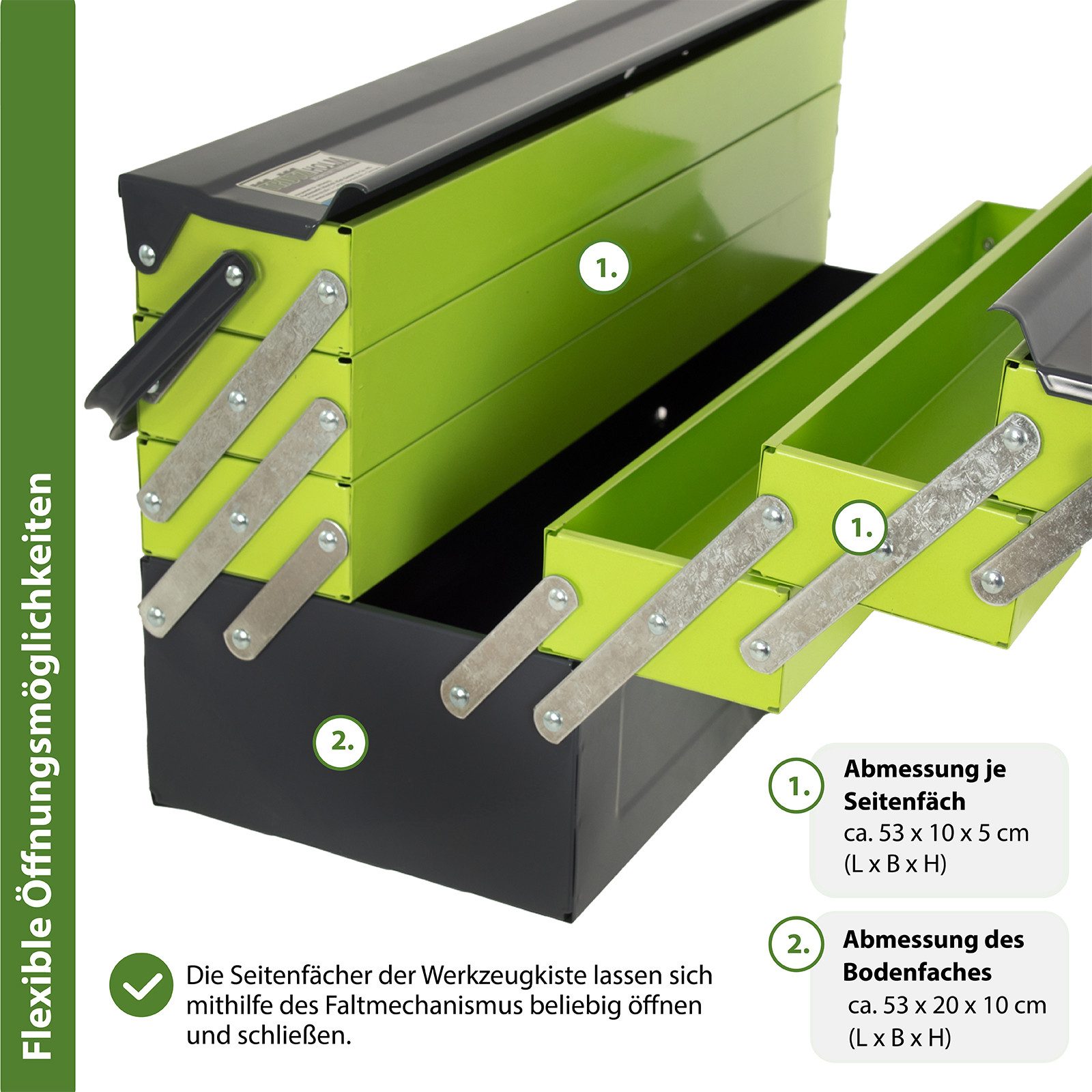 TRUTZHOLM Werkzeugkoffer Werkzeugkiste XXL 7 Fächer 53x20x27,5cm Stahl klappbarer Griff leer (einteilig) – Bild 4 von 5