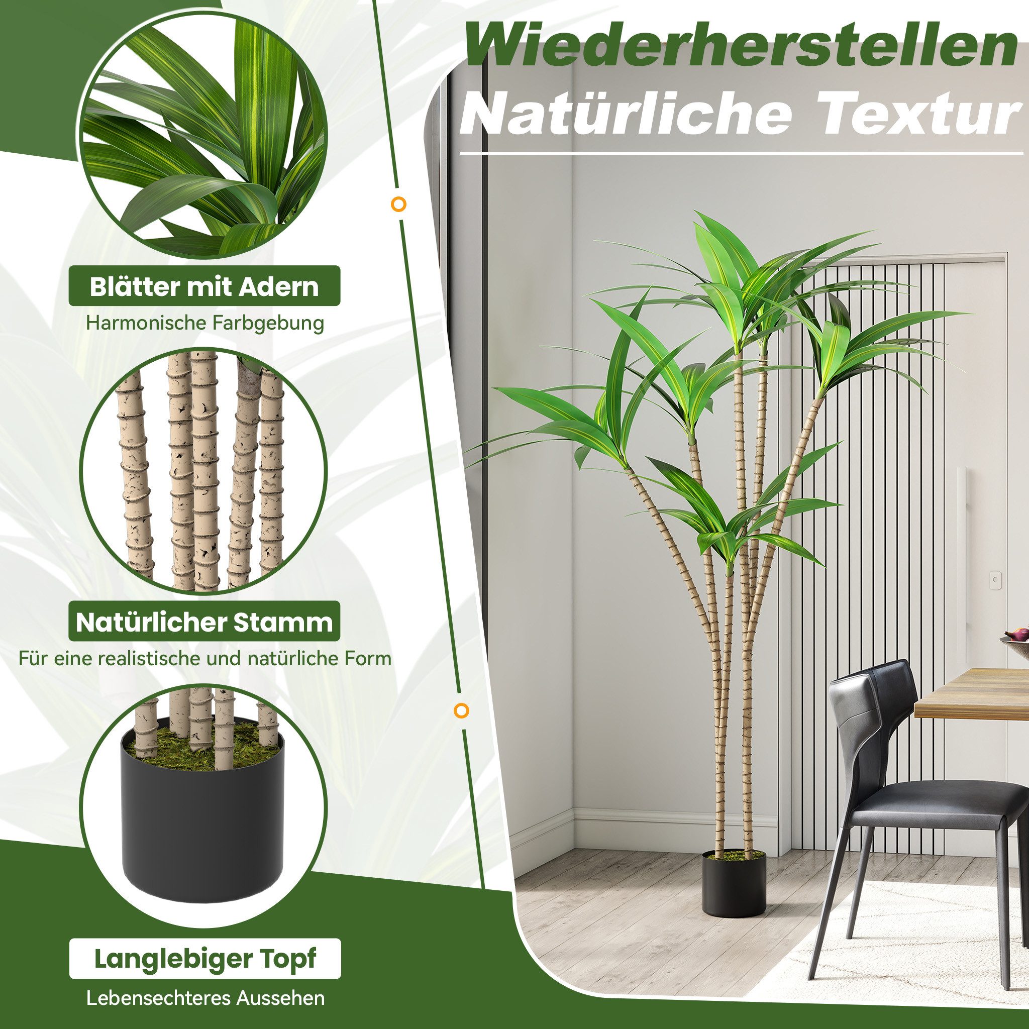 Kunstbaum Kunstpflanze Ficusbaum 120/150/180 cm Künstliche Pflanzen, FIVMEN, Höhe 120 cm, mit Stamm aus Naturholz Künstlichkunstbaum – Bild 3 von 5