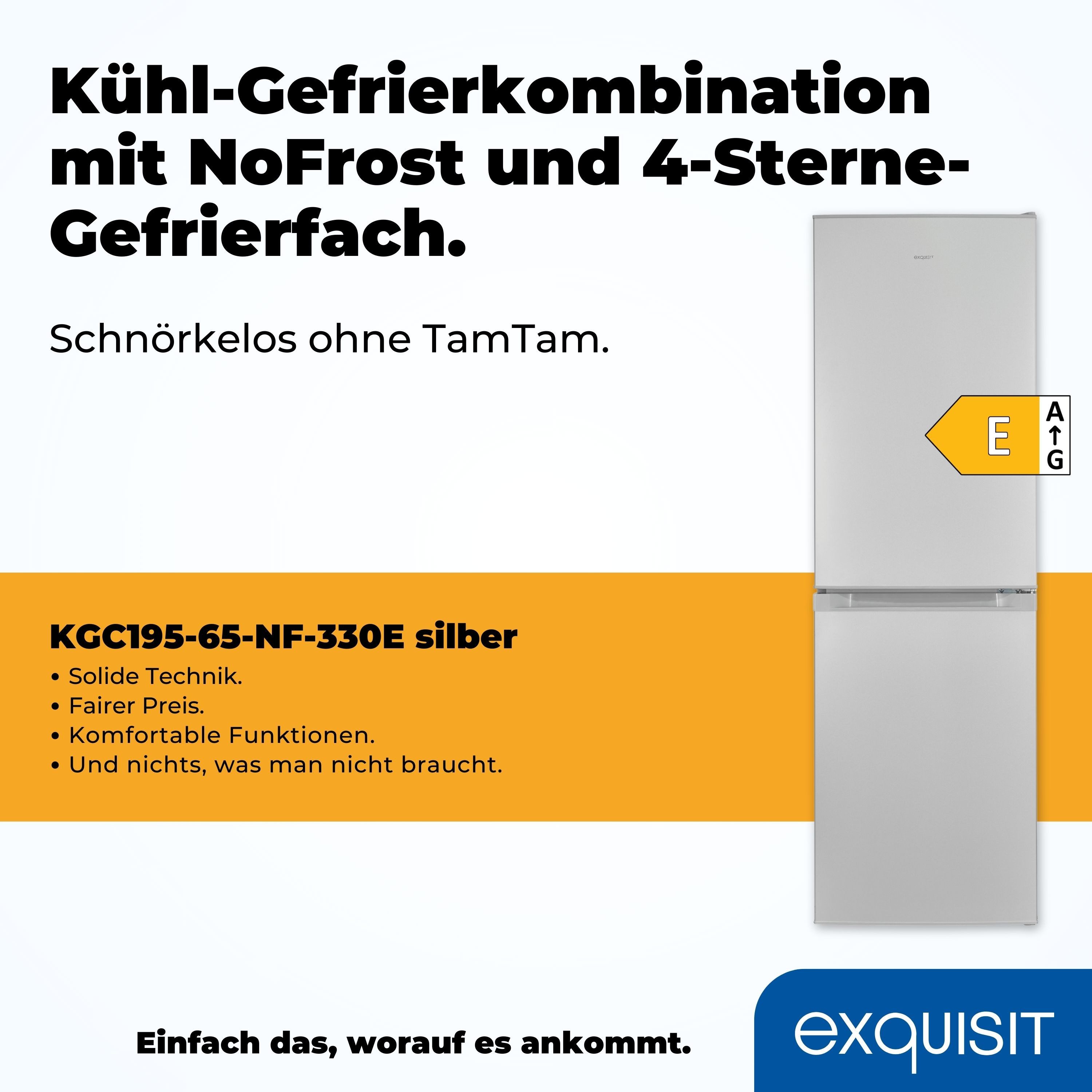 exquisit Kühl-/Gefrierkombination KGC195-65-NF-330E silber, 157,5 cm hoch, 48,5 cm breit, 4-Sternefach