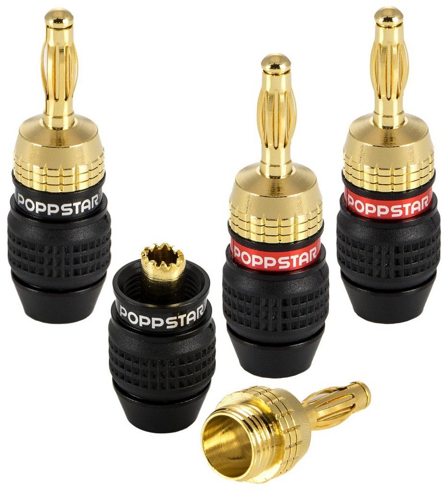 Poppstar High End Bananenstecker (geschirmt) für Lautsprecherkabel bis 6  mm² Audio-Adapter, Bananas für Lautsprecher & AV Receiver (vergoldet, 2x  schwarz, 2x rot)