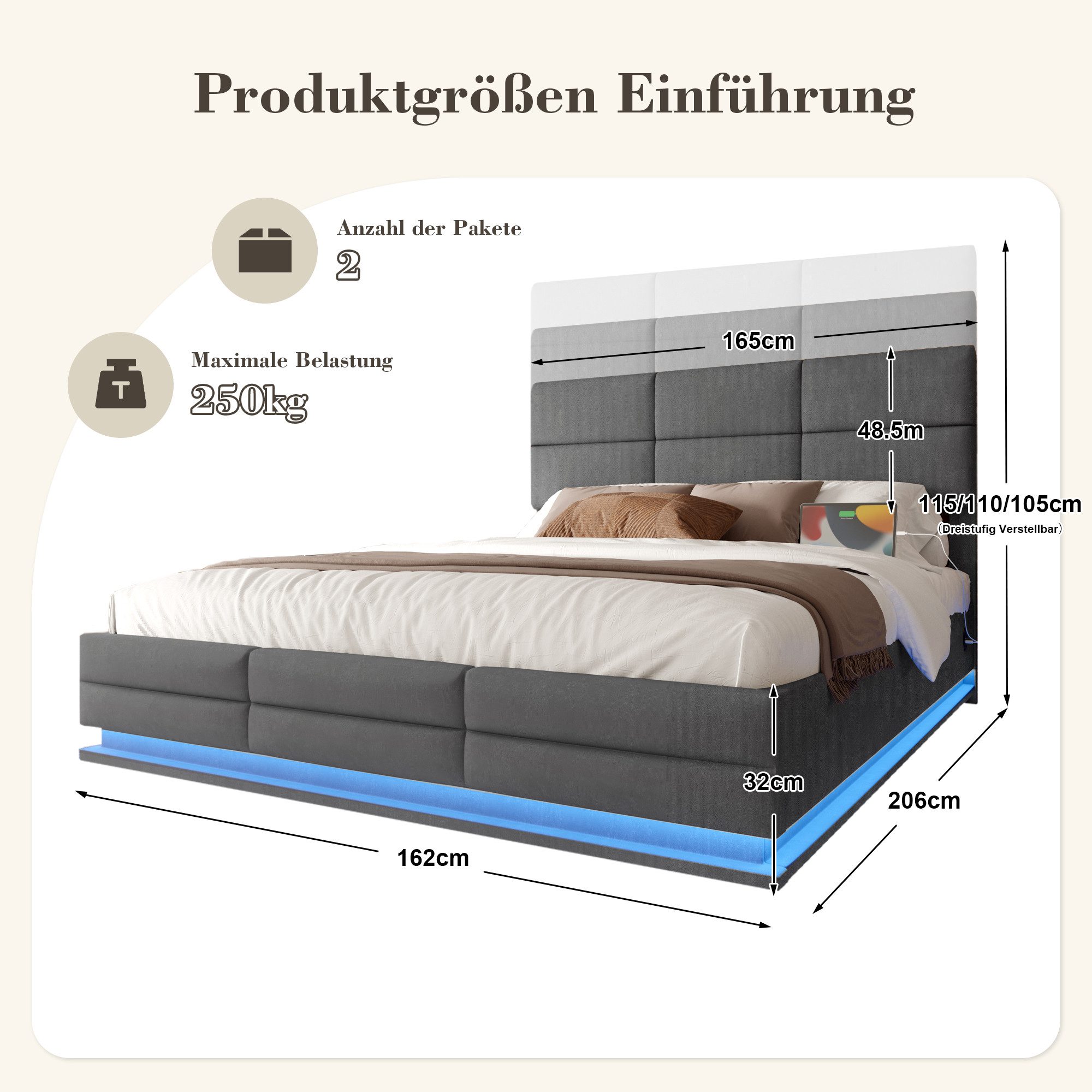 LVHOM Boxbett 90/140/160/180x200 cm mit LED, USB, Typ C-Ladeanschluss, Bettkasten (Bettgestell/Polsterbett/Doppelbett/Stauraumbett), Ideal für Schlafzimmer und  – Bild 3 von 5