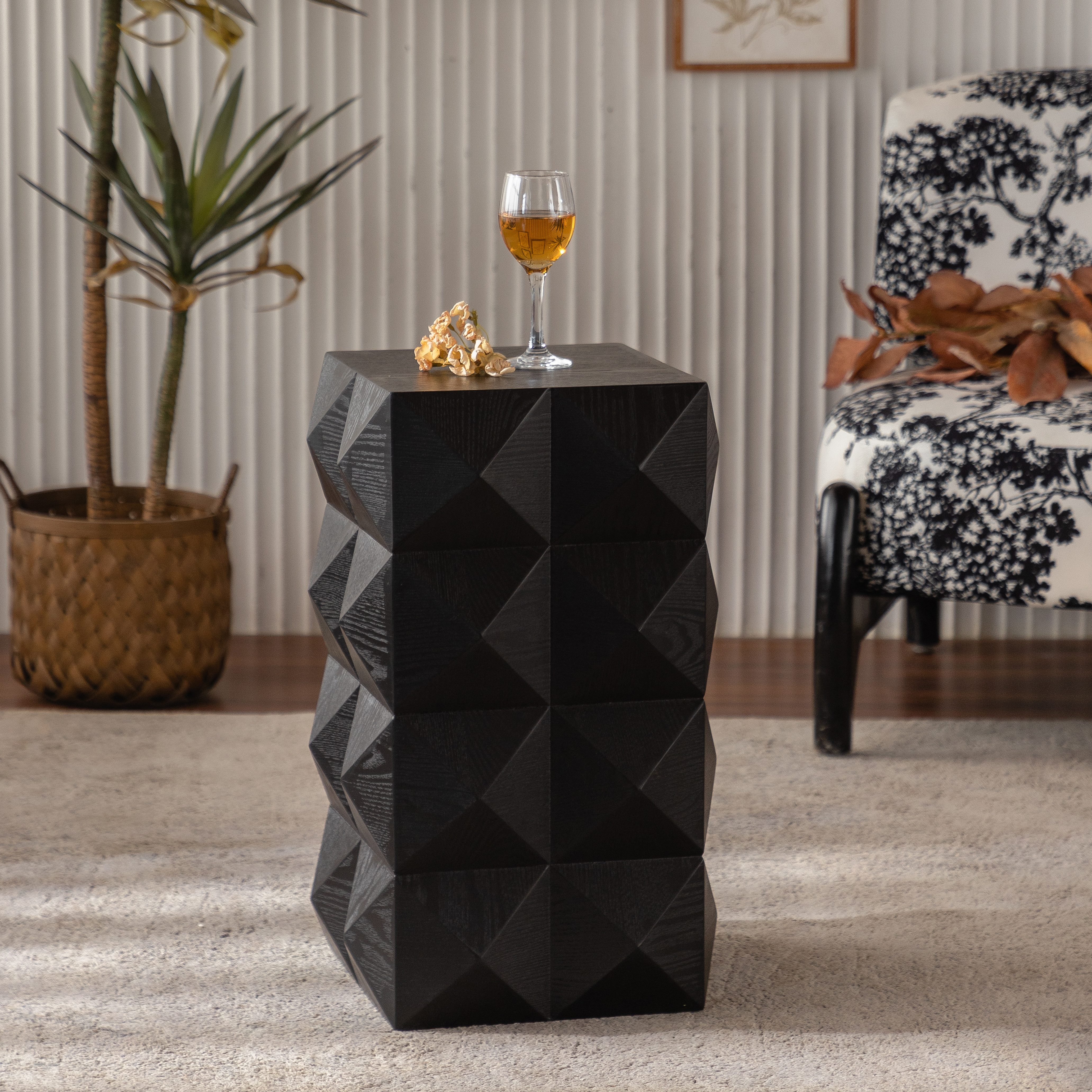 STILVORA Nachttisch mit geprägtes Musterdesign,Beistelltisch Nachtschrank aus Holz,Schwarz