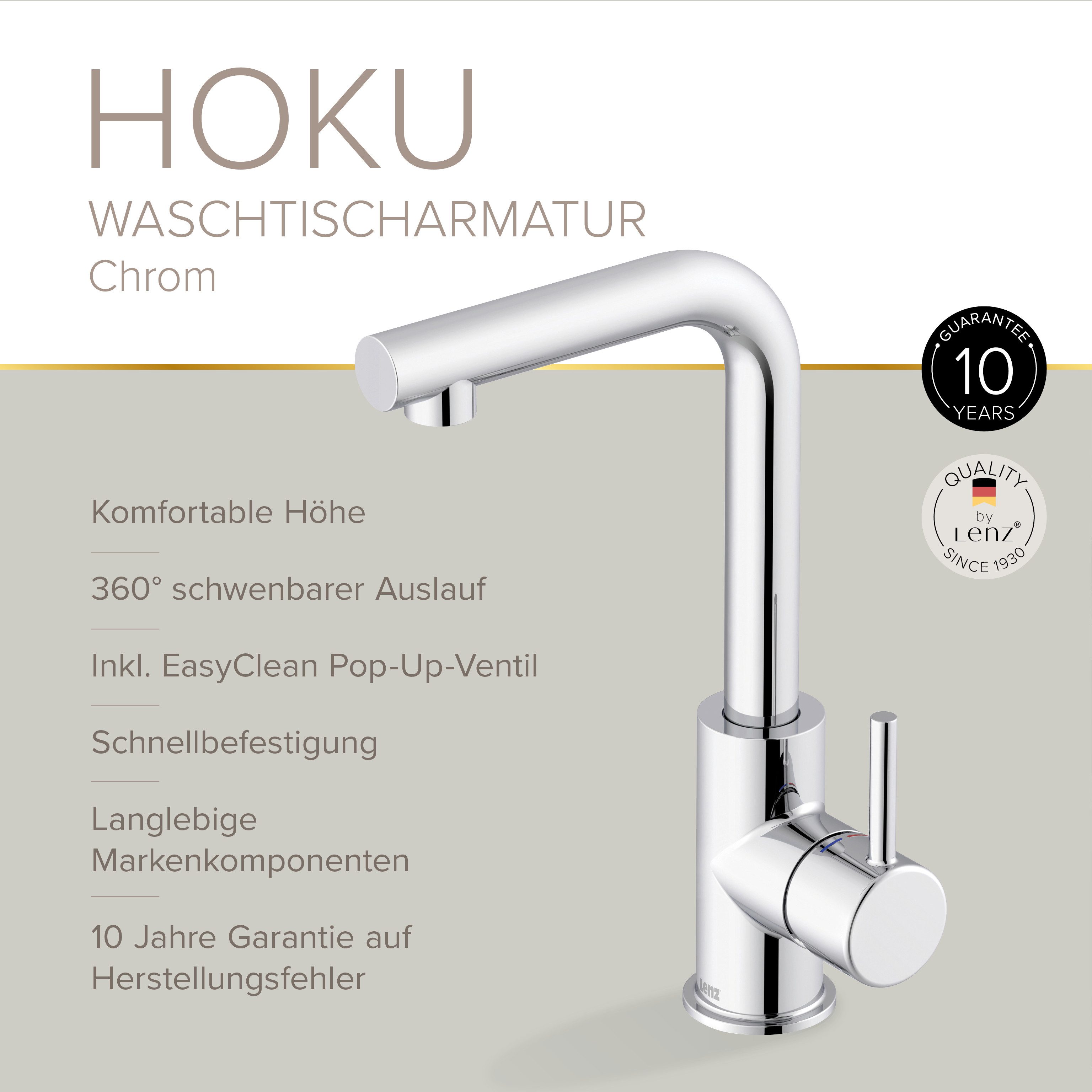 Lenz Waschtischarmatur HOKU (Armatur + Easy Clean Pop-Up Ventil) – Bild 3 von 5
