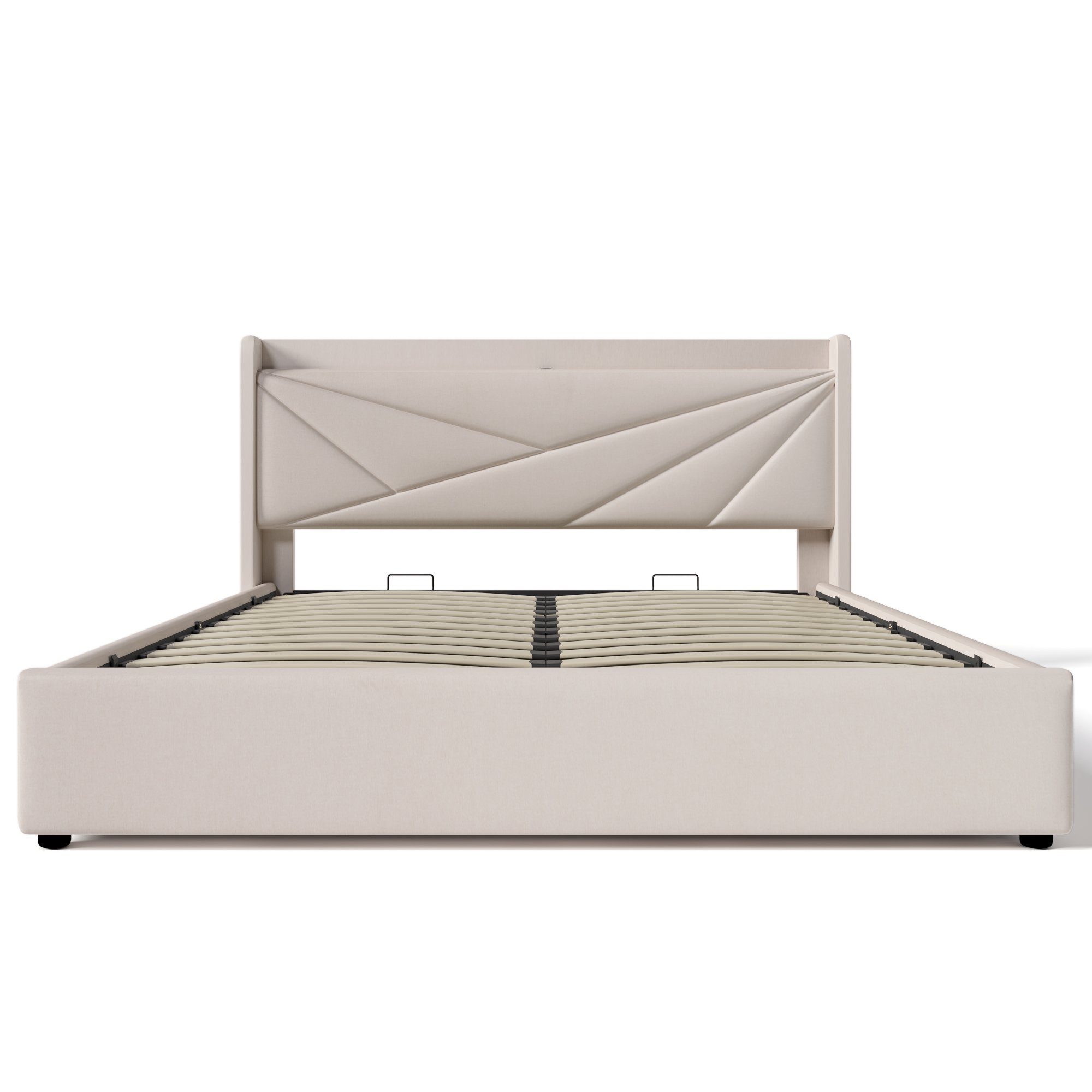Polsterbett (Funktionsbett mit Lattenrost und Matratze), Stauraumbett 160x200cm mit USB Typ C Ladefunktion Kopfteil, Leinen
