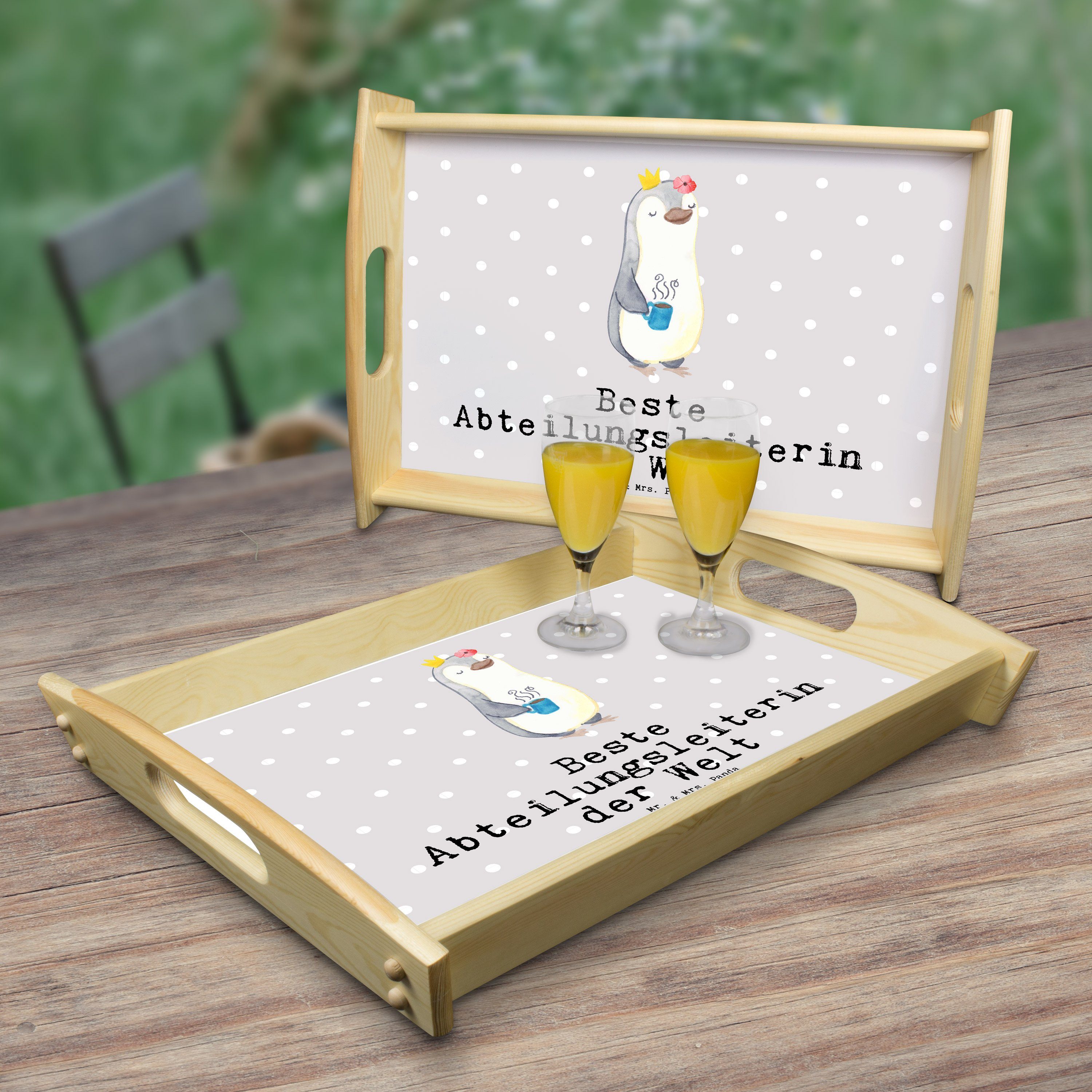 Mr. & Mrs. Panda Tablett Pinguin Beste Abteilungsleiterin der Welt - Grau Pastell - Geschenk, Echtholz lasiert, (1-tlg)