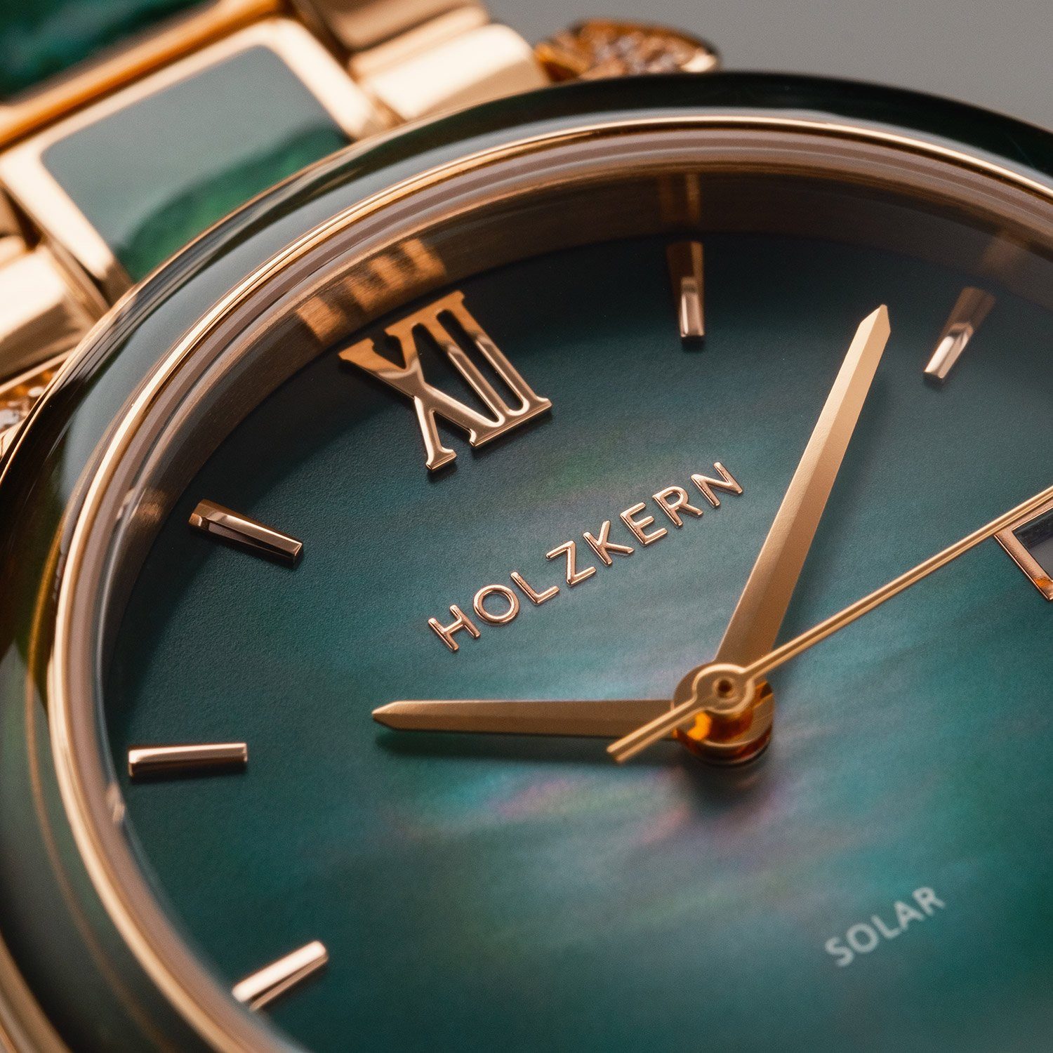 Holzkern Solaruhr Damen-Sunglister Grünes Perlmutt/Roségoldfarben