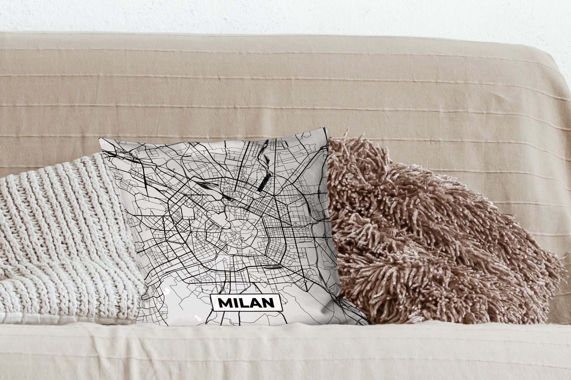 Zierkissen - Schlafzimmer, Füllung Mailand Wohzimmer, Karte, mit Schwarz - Dekokissen Stadtplan MuchoWow Sofakissen und für - Deko, weiß