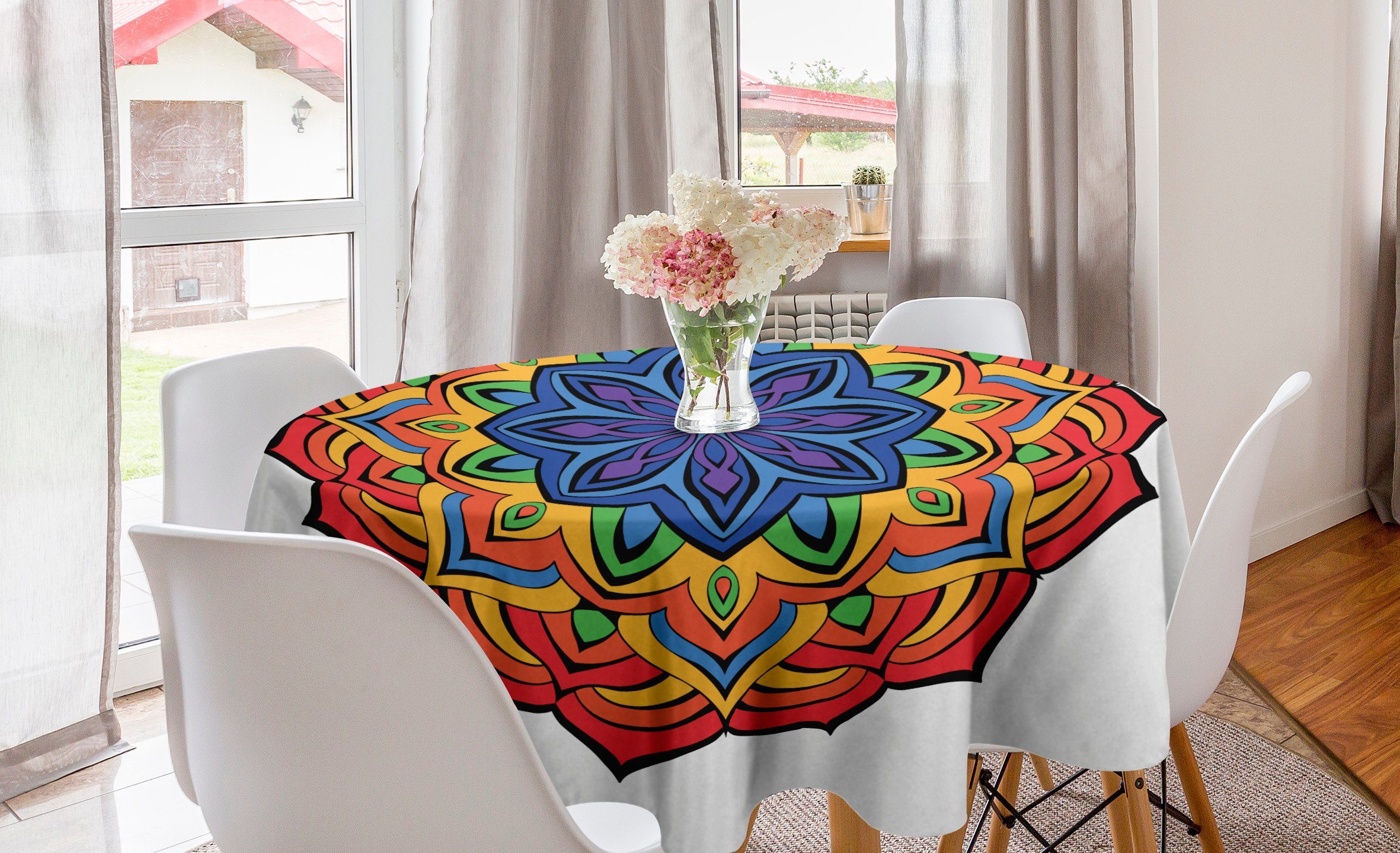 Abakuhaus Tischdecke Kreis Tischdecke Abdeckung Küche Esszimmer für Boho Blumen Dekoration, Regenbogen-Mandala