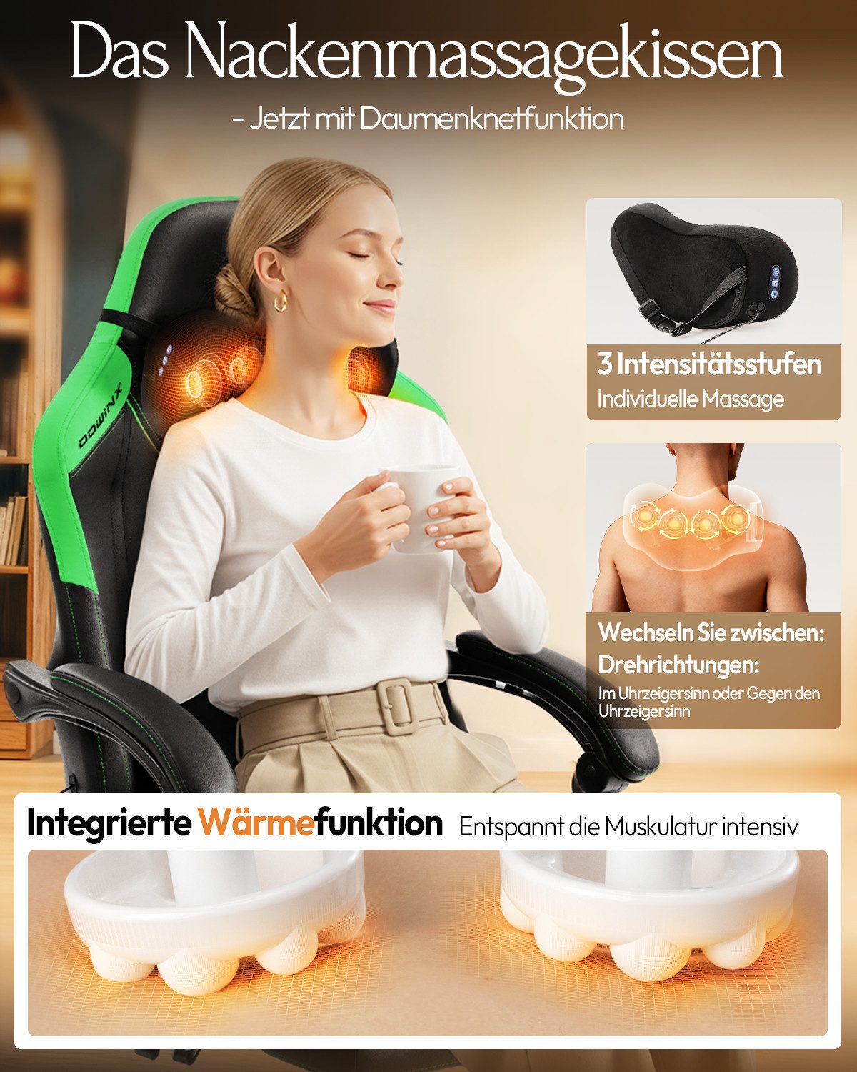 Dowinx Gaming-Stuhl mit Massagefunktion, Ergonomisch Gaming Sessel mit Lendenwirbelstütze (Packung), Gaming Chair bis 135 kg Höhenverstellbar für Erwachsene