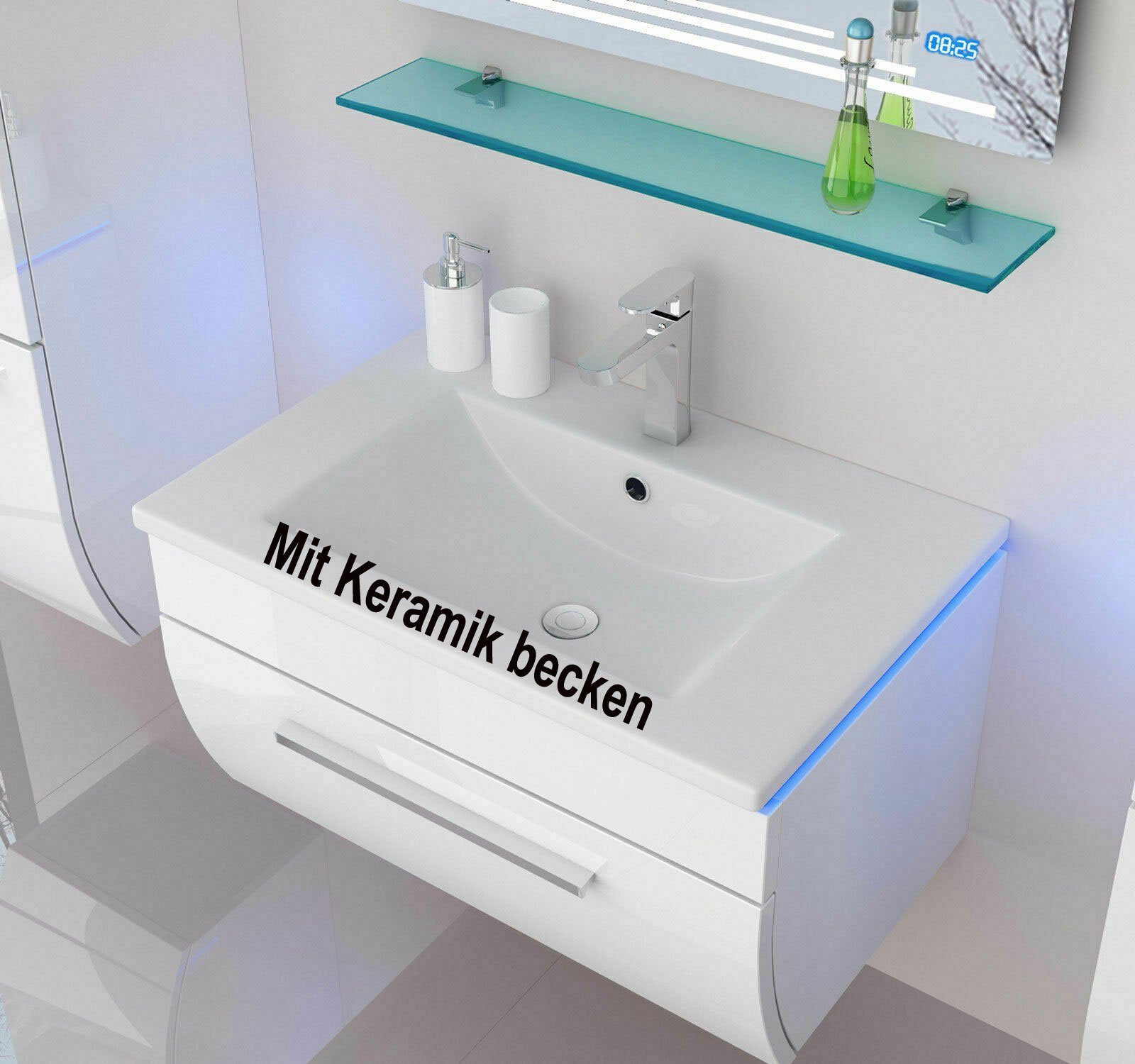 Homeline Badmöbel-Set Badmöbel Set Hochglanz 6 TLG 60 cm Weiß Led Touch Badezimmer Möbel, (Spar-set 6 Teilig, 6-St., Mit Spiegel und Keramik, Waschbecken), Lackiert LED System, Touch System, soft close System