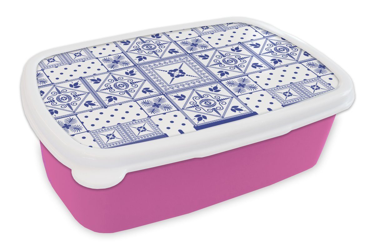 MuchoWow Lunchbox Fliesen - Muster - Delfter Blau, Kunststoff, (2-tlg), Brotbox für Erwachsene, Brotdose Kinder, Snackbox, Mädchen, Kunststoff rosa