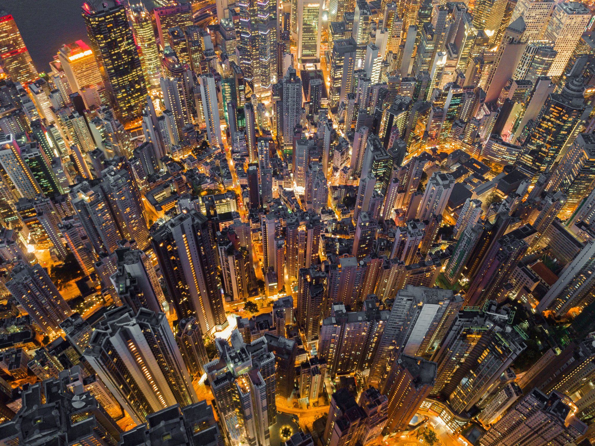 Papermoon Fototapete HONG KONG-VOGEL PERSPEKTIVE SKYLINE NACHT PANORAMA XXL