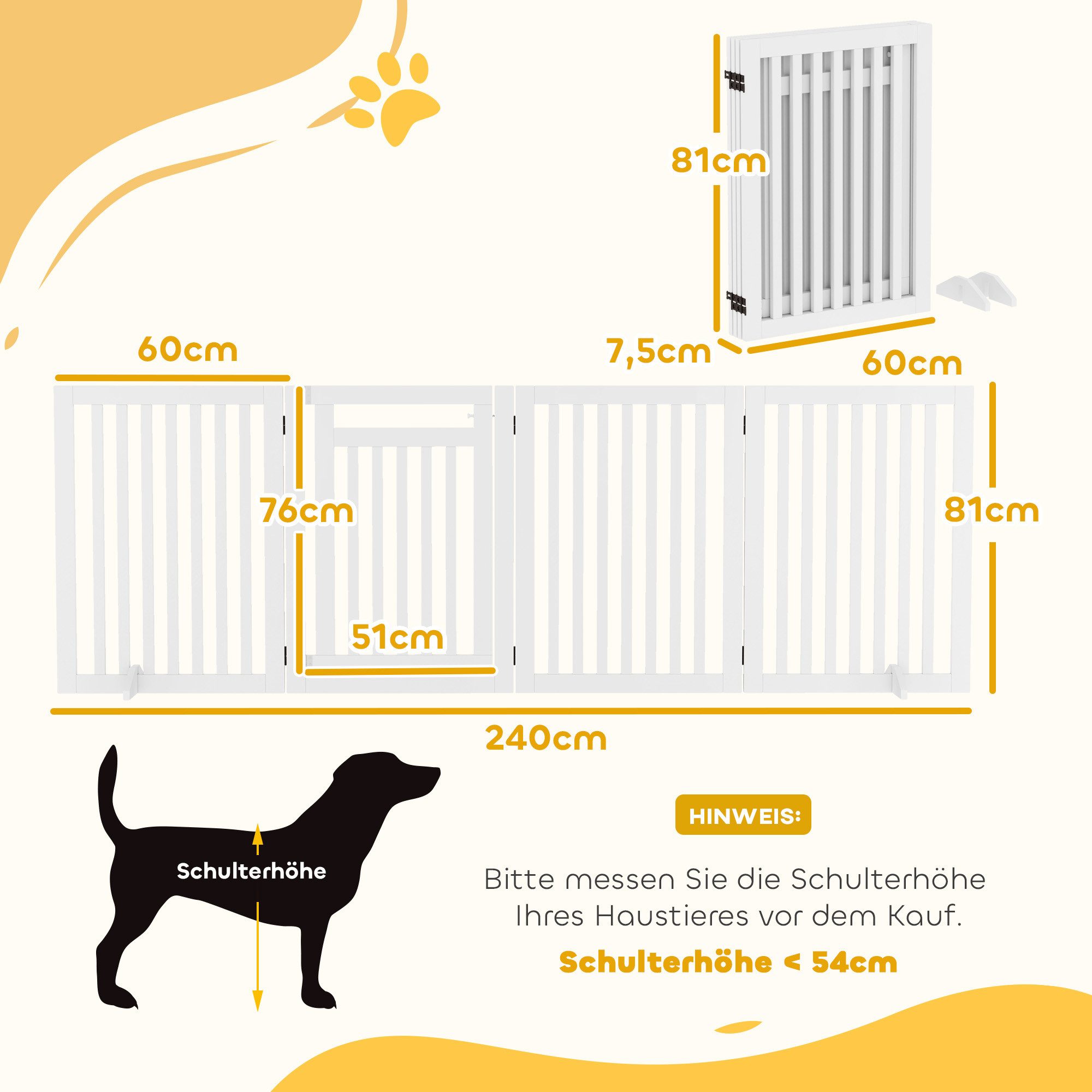 PawHut Hundegitter für Tiere 4 Stücke freistehende Sicherheitsgitter faltbar, Weiß, MDF (Schutzgitter, 1 St., Konfigurationsgitter), 240L x 1.8B x 81H
