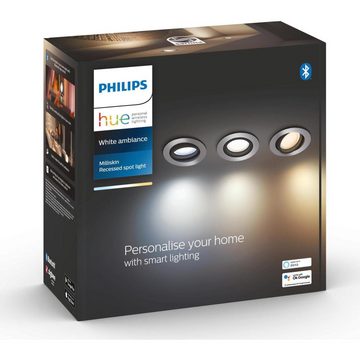Philips Hue LED Deckenstrahler Bluetooth White Ambiance Einbauspot Milliskin in Silber 5W 350lm GU10, keine Angabe, Leuchtmittel enthalten: Ja, LED, warmweiss, Deckenstrahler, Deckenspot, Aufbaustrahler