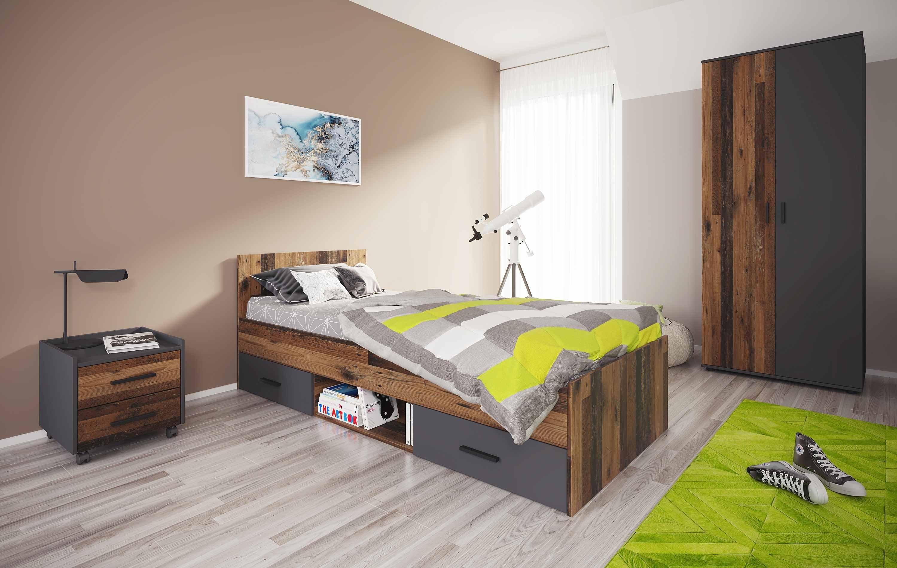Home affaire Jugendzimmer-Set Nonjoo-Teen, (4-St), Industrial Style, Bett  mit Stauraum + Nachttisch + Kleiderschrank