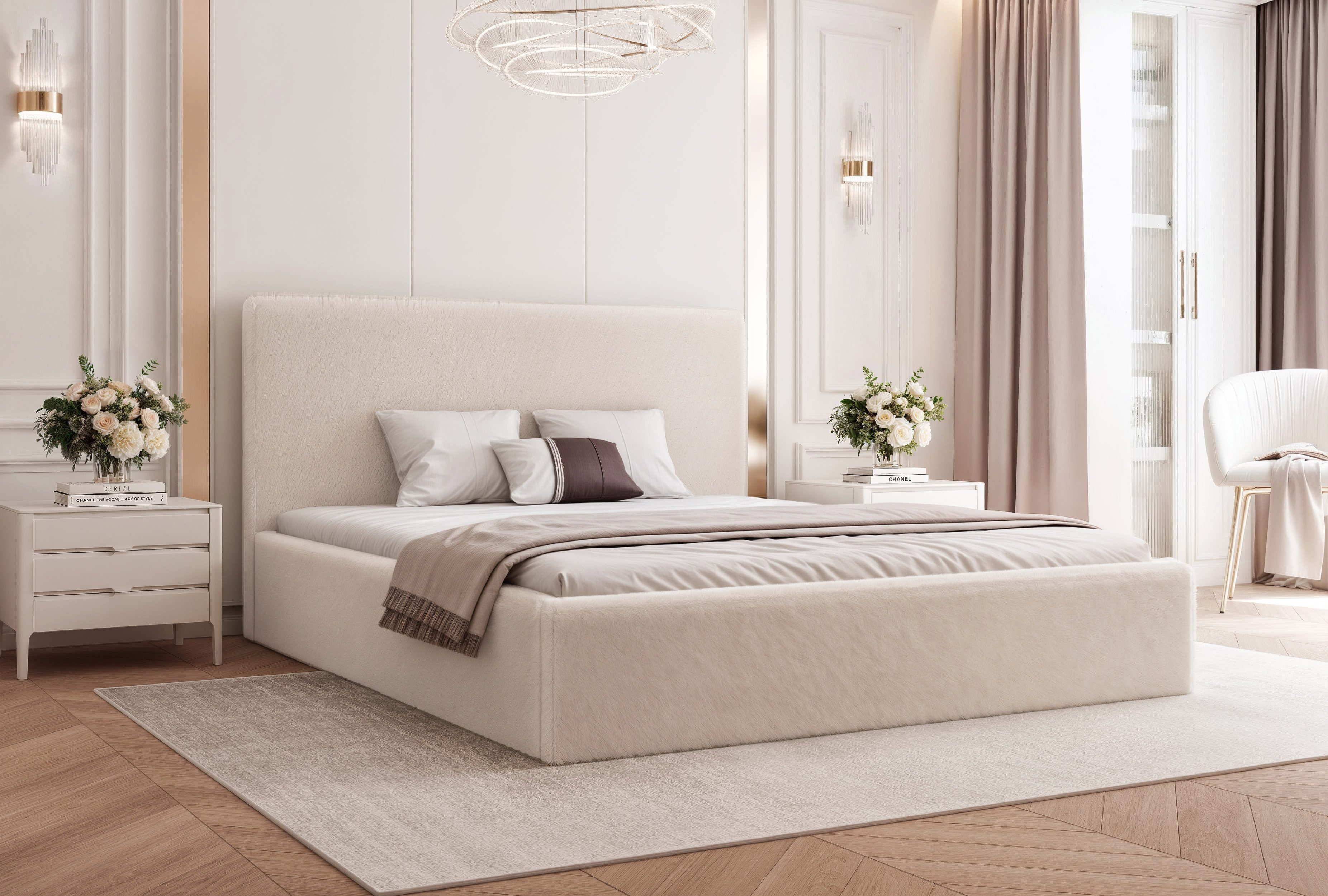 Goldstoff Polsterbett Modernes Bett "LUMINA" mit großem Stauraum und gepolstertem Rahmen (120–200x200 cm, Kopfteilhöhe 70/110 cm), Elegantes Stauraumbett mit gepolstertem Kopfteil und Holzrahmen