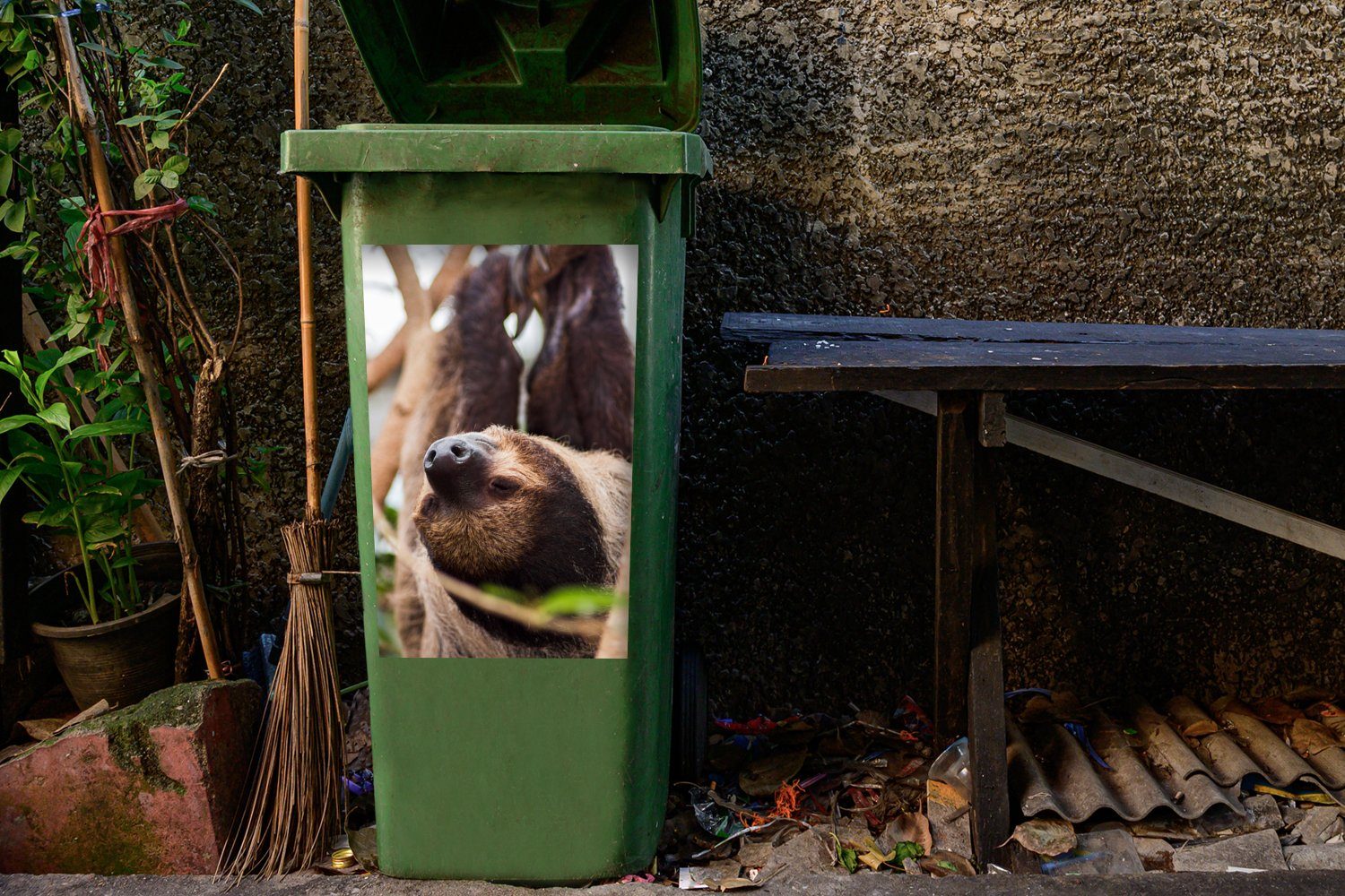 MuchoWow Wandsticker Ein kopfüber aus Nähe Mülltonne, Sticker, nächster (1 Container, hängendes Abfalbehälter Mülleimer-aufkleber, St), Faultier