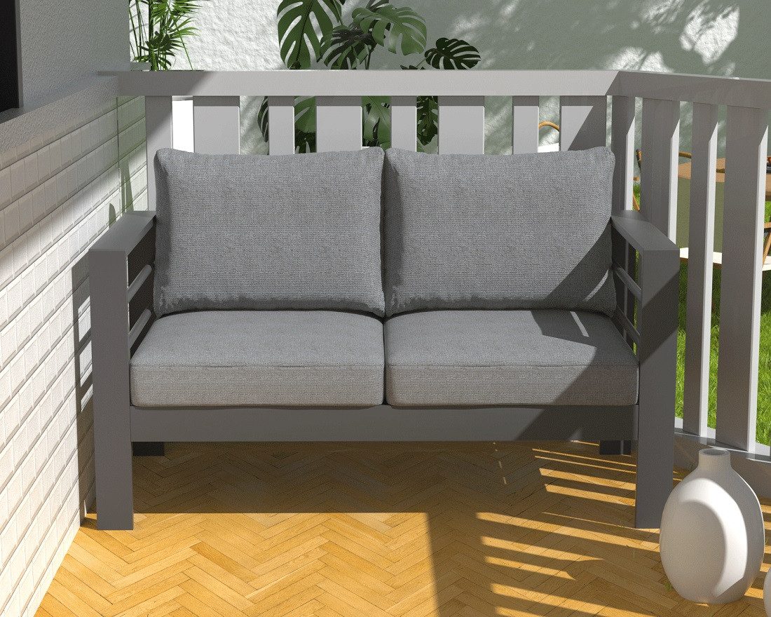 MeXo Loungesofa Gartensofa für Balkon 2 Sitzer Aluminium outdoor wetterfest, 12cm Deluxe Relax-Sitzkissen, Belastbarkeit pro Sitzplatz 140kg, 128×65×66cm luxus Balkonecke, lounge sofa draußen Alu