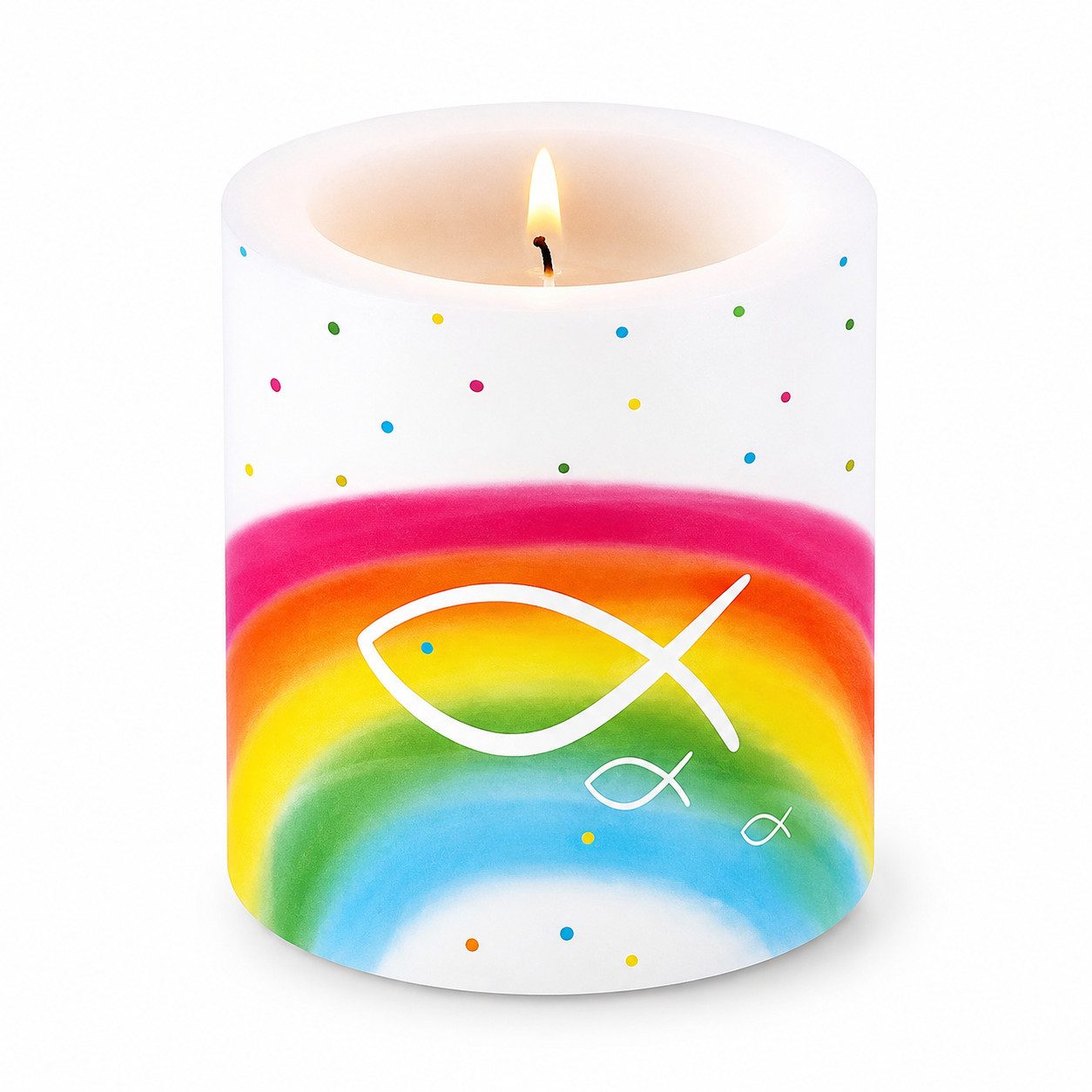 Ambiente Luxury Paper Products Stumpenkerze Stumpenkerze Regenbogen Fische Ø 7,5 x 9 cm Kommunion Taufe