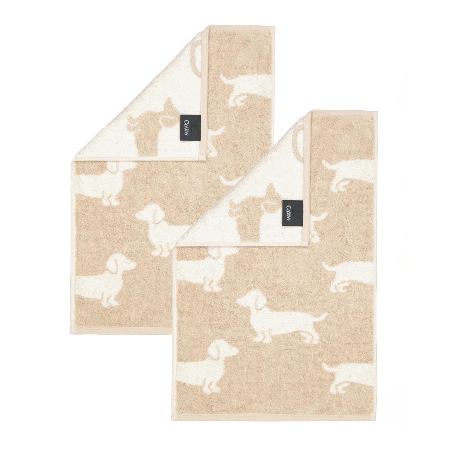 Cawö Handtuch 2 Stück Cawö We love Dogs Gästetücher 6246-33 Dackel Natur 30x50, Walkfrottier (Spar-Set, 2-St), 100% Baumwolle