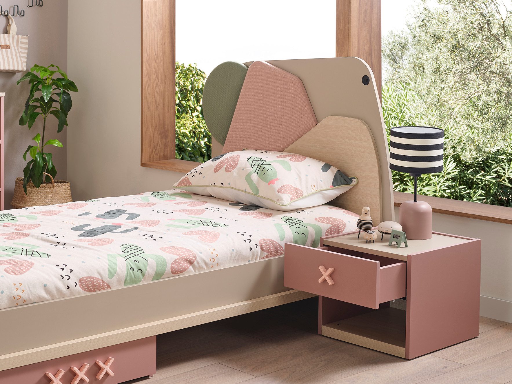 Möbel-Zeit Nachtkommode NORDIC Nachttisch in Beige & Rosa – 1 Schublade & offenes Fach