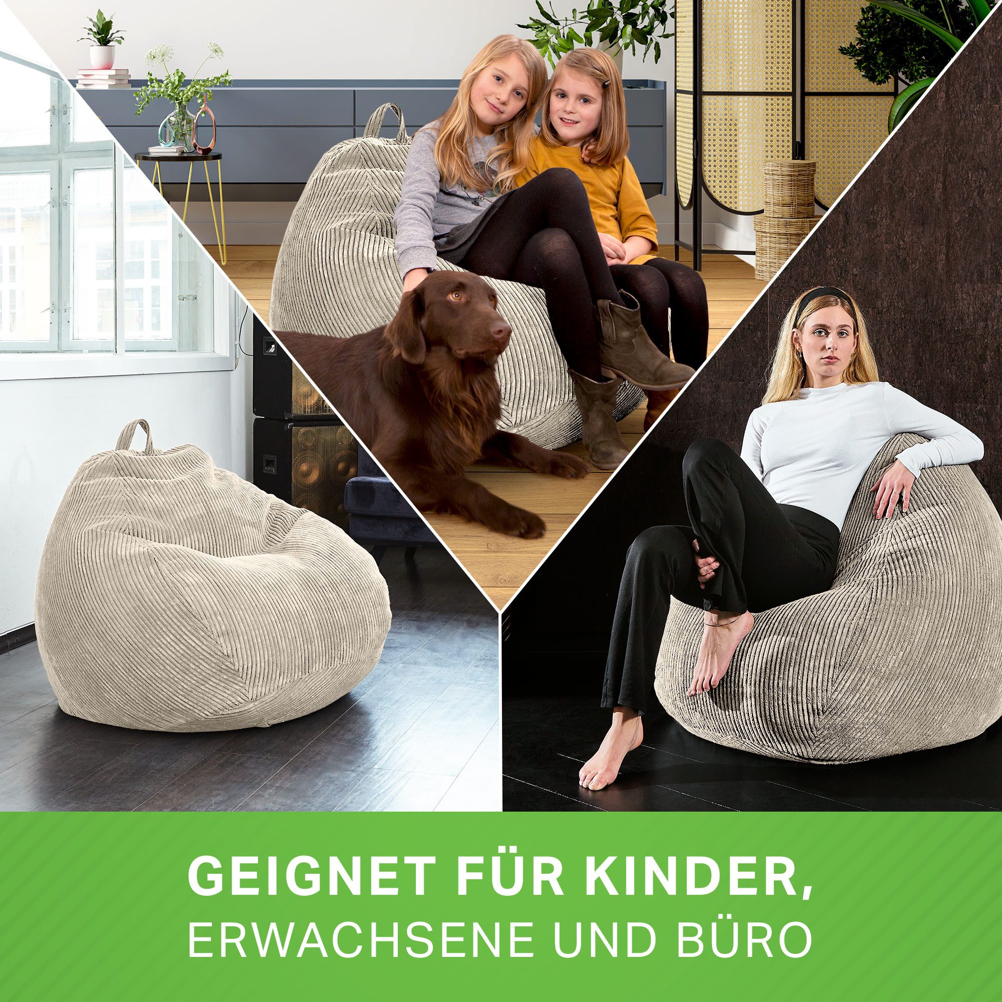 Green Bean Sitzsack Indoor Sitzsack Scoop 90x110cm - Cord (Indoor Sitzsack 90x110cm aus Cordstoff mit EPS-Perlen Füllung, Kuschelig Weich Waschbar - Drinnen Bod – Bild 3 von 5