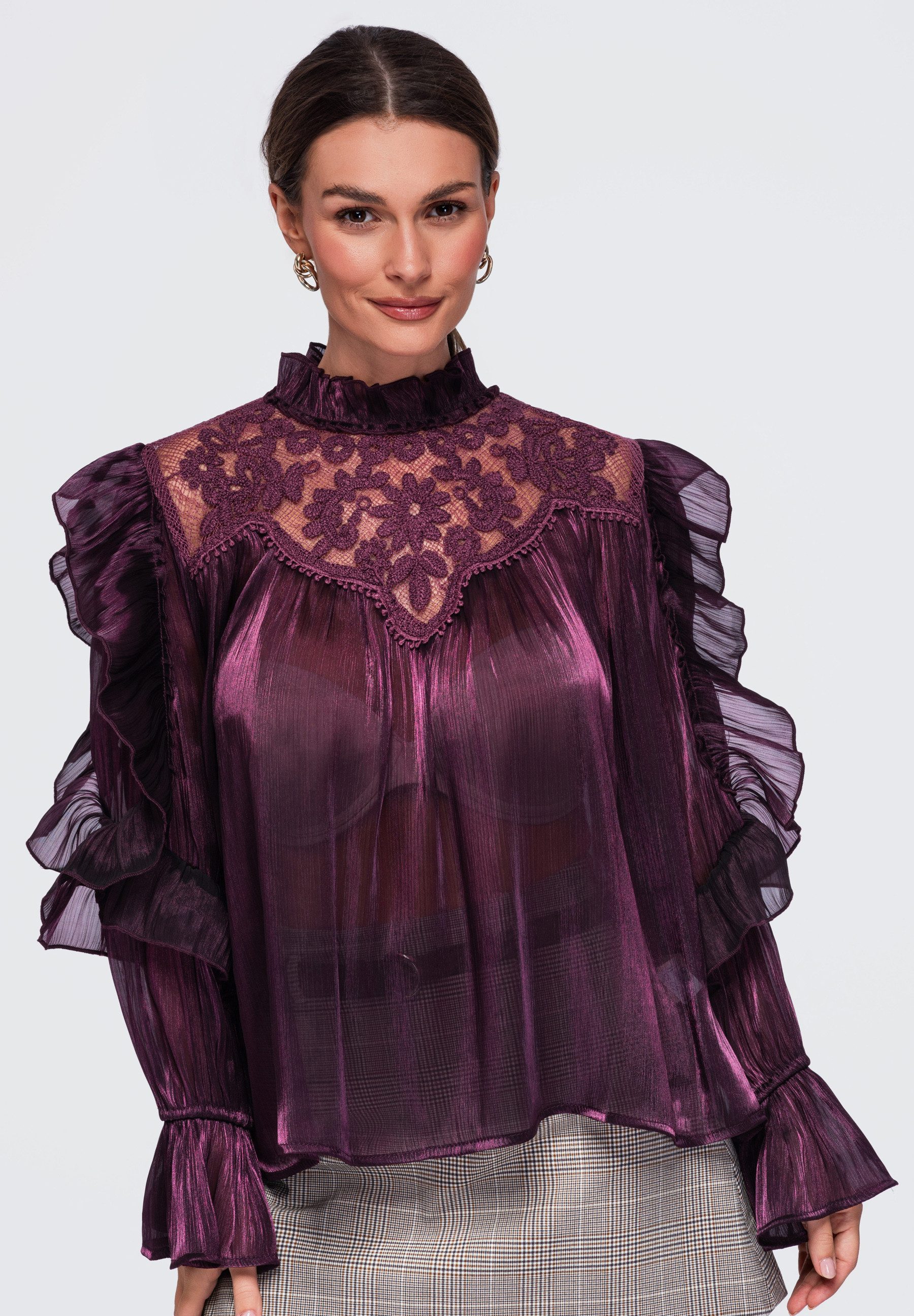 OMBRE Hemdbluse Damen Hemdbluse mit Volantkragen elegant Bordeaux ONESIZE (kein Set, 1-tlg)
