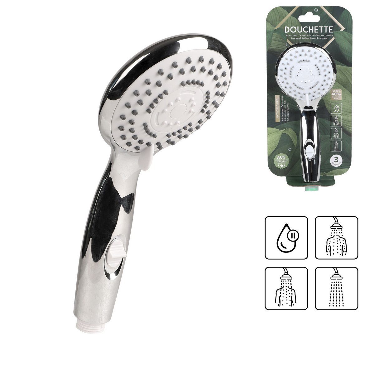 Urban Living Handbrause Strahl Duschkopf Brause Dusche Strahlbrause 1/2 Zoll Anschluss-Gewinde, (Material: ABS, Chrome, PVC, Anti-Kalk-Noppen am Duschkopf), konische Dichtung für bis zu 40 % Wasserersparnis