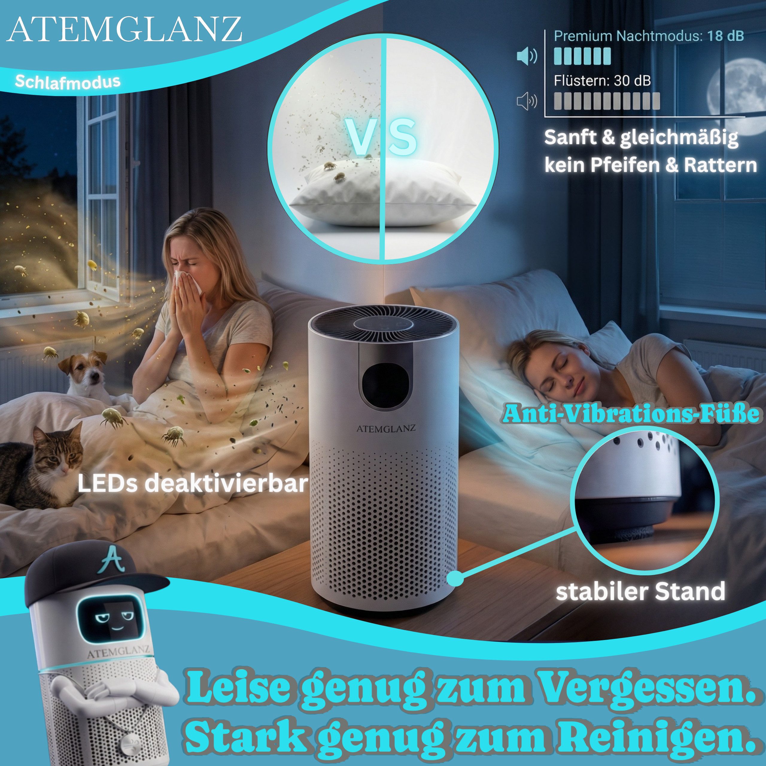 Atemglanz Luftreiniger, HEPA 13 + Aktivkohlefilter