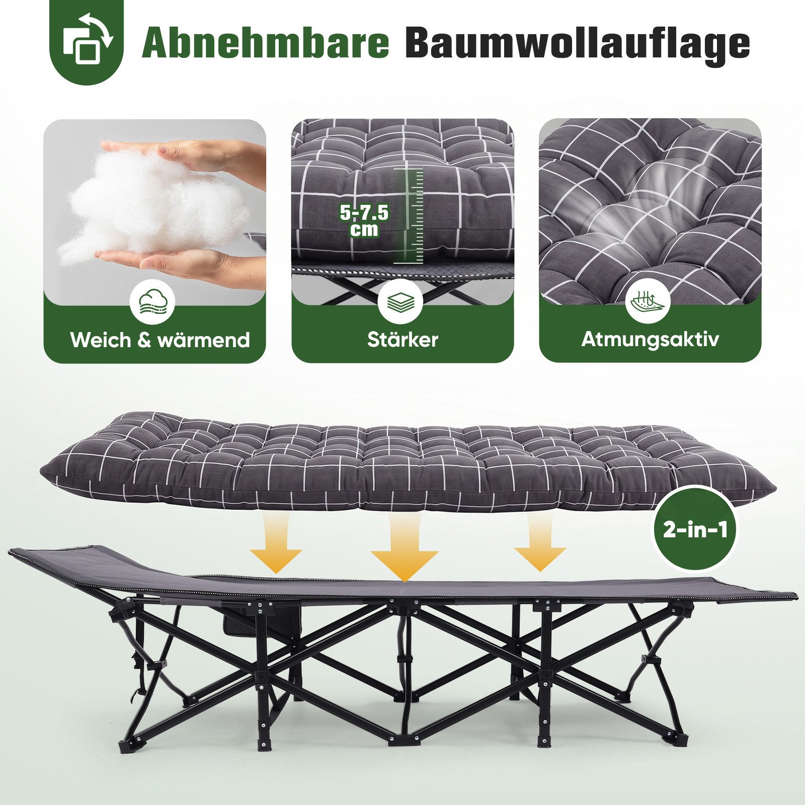 Sekey Feldbett 190cm x 71cm Campingbett Klappbar mit Matratze Gästebett Klappbett Tragbares Campingliege bis 200kg, Kariert, für Outdoor, Indoor, Reisen
