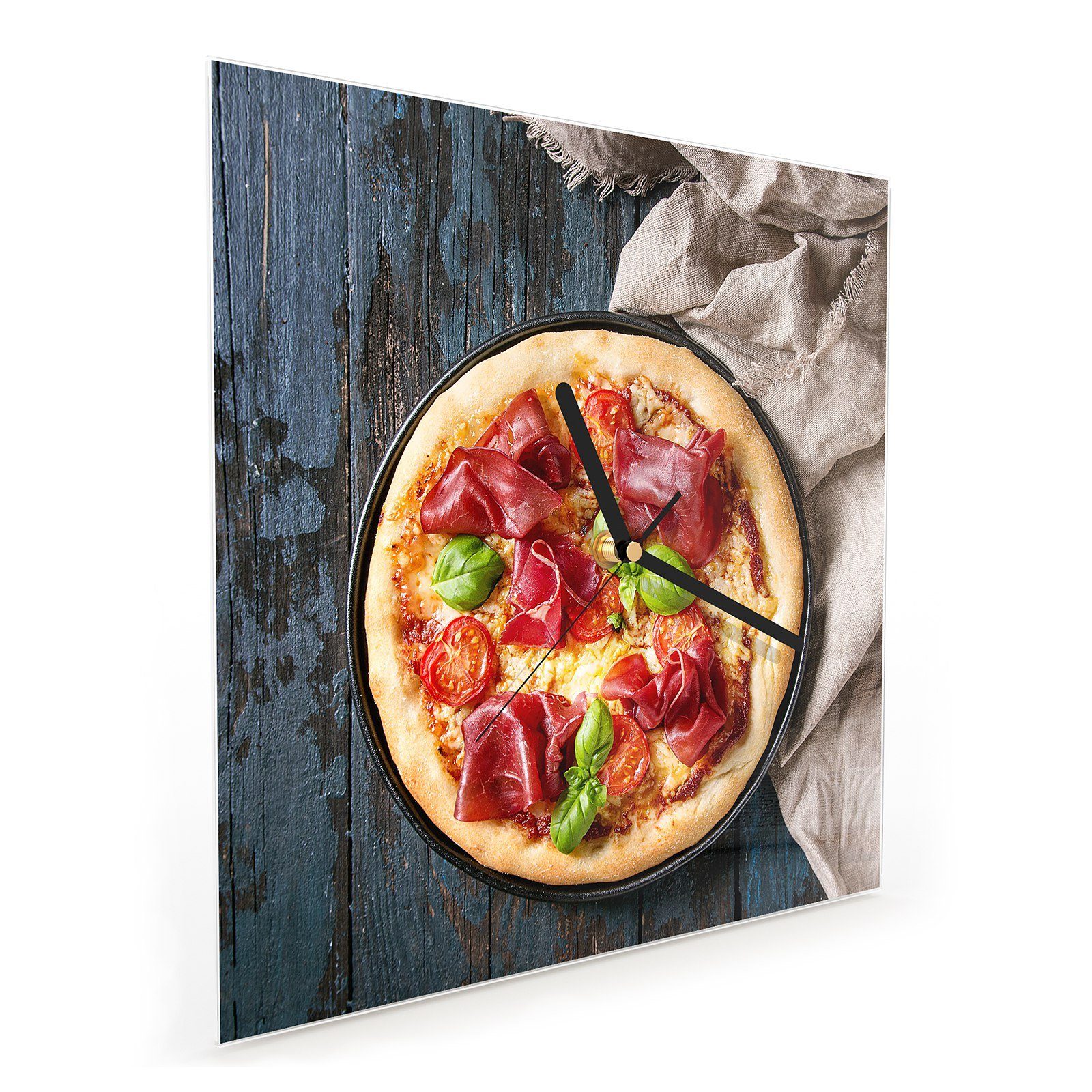 Größe x Wanduhr Wanduhr cm Wandkunst klassisch Glasuhr Motiv Primedeco Pizza 30 mit 30