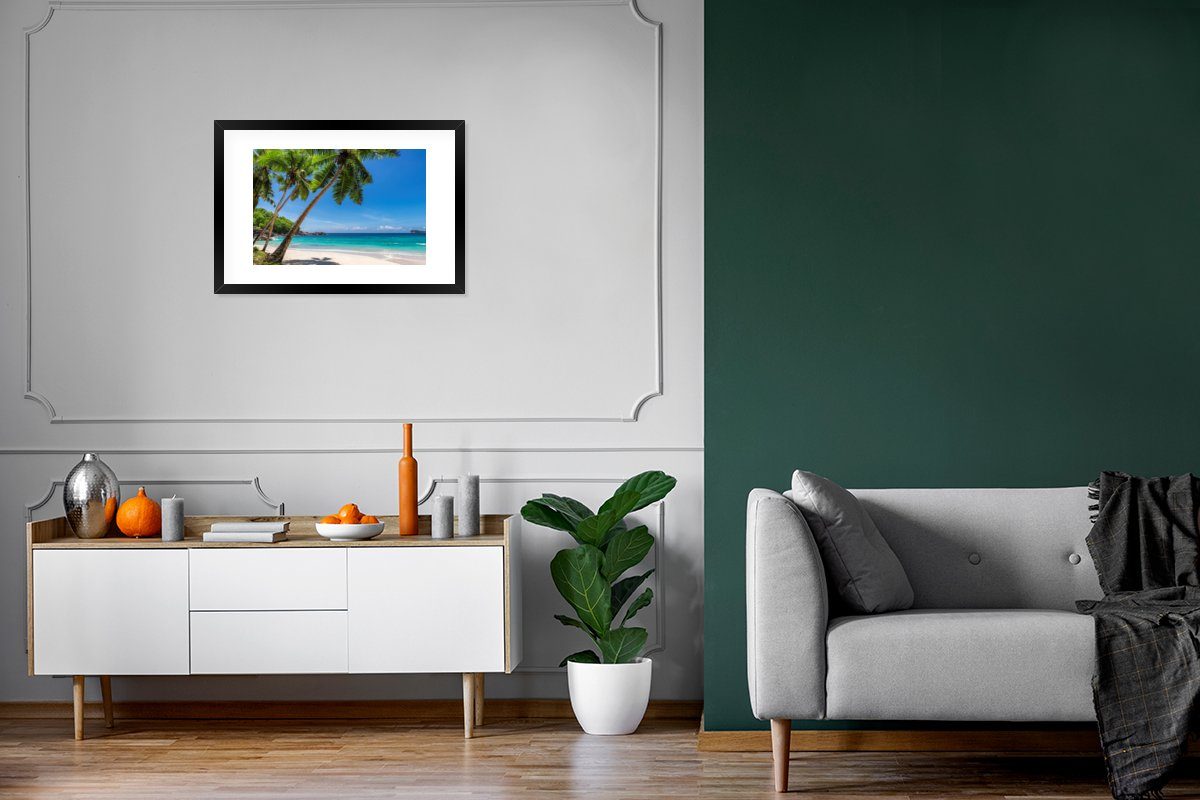 Kunstdruck, - Bilderrahmen (1 mit St), - Strand Schwarzem Rahmen, MuchoWow Gerahmtes Palme - Meer Insel, Poster Poster,