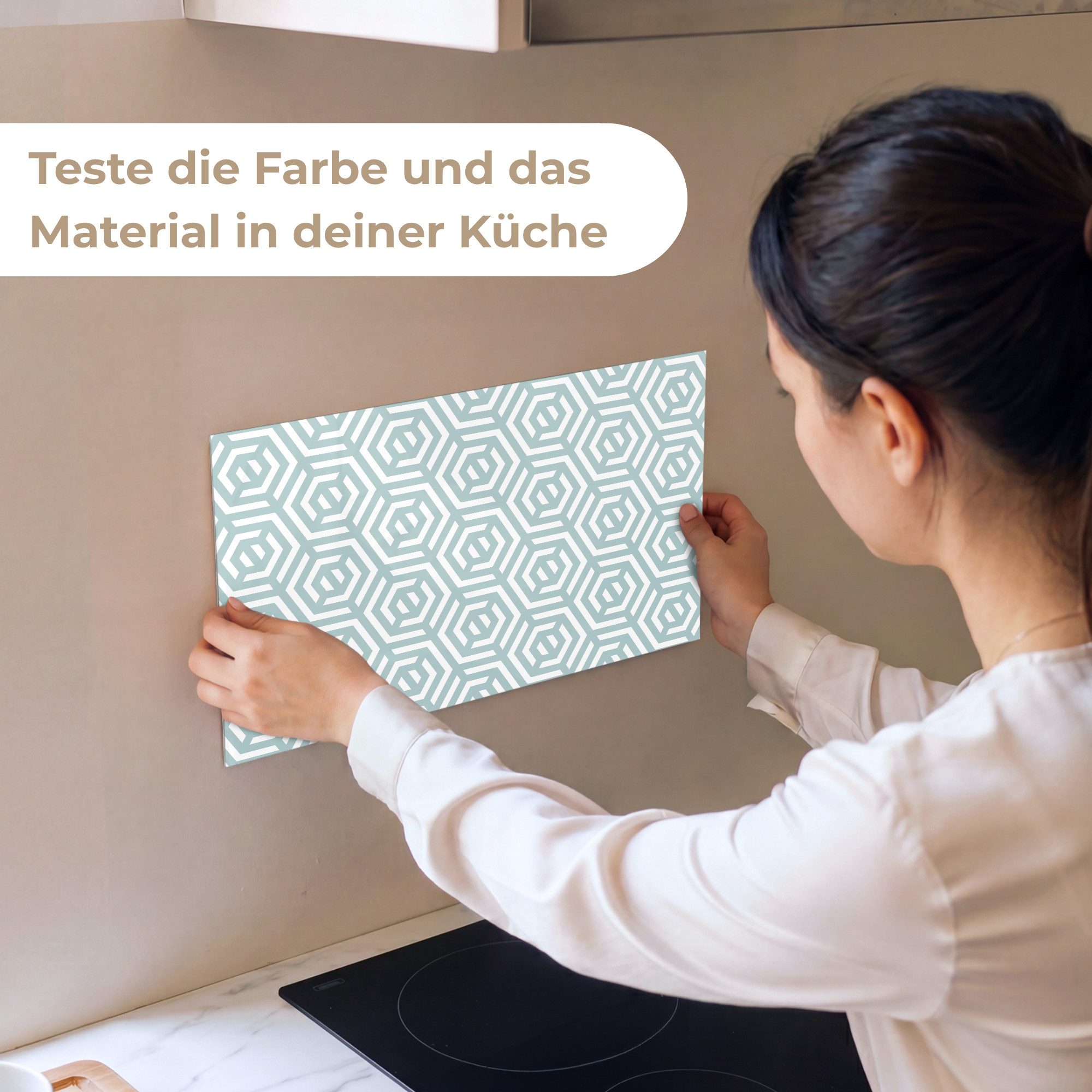 KitchenYeah Küchenrückwand Muster selbstklebend (keine Folie) Muster - Abstrakt - Grün - Geometri, (1-tlg), Spritzschutz, Küche, Rückwand, Küchenwand, Küchenfront, 30x20 cm