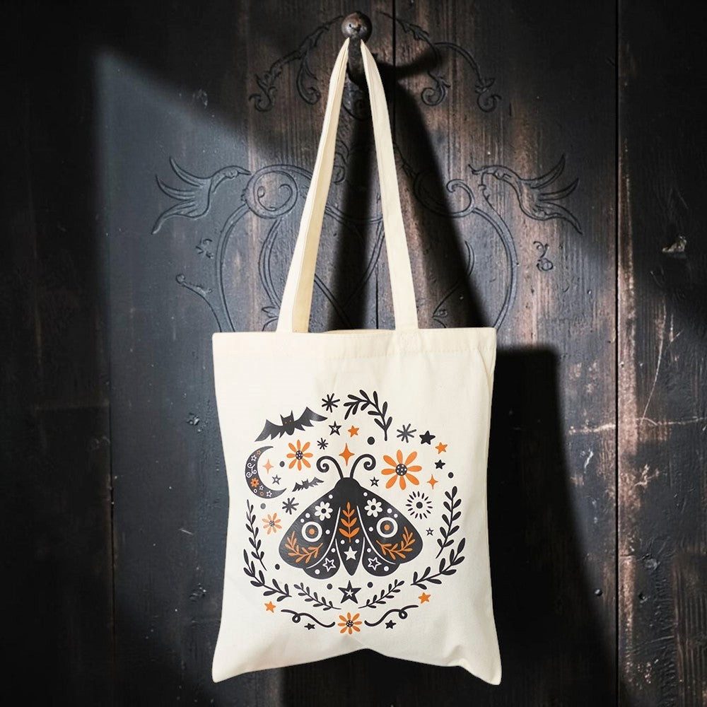 Something Different Schultertasche Moth & Bat Stofftasche Tote Bag vintage Motte Geschenk Witchy Gothic, Witchy-Gothic Stofftasche mit Nachtfalter- und Fledermausmotiv