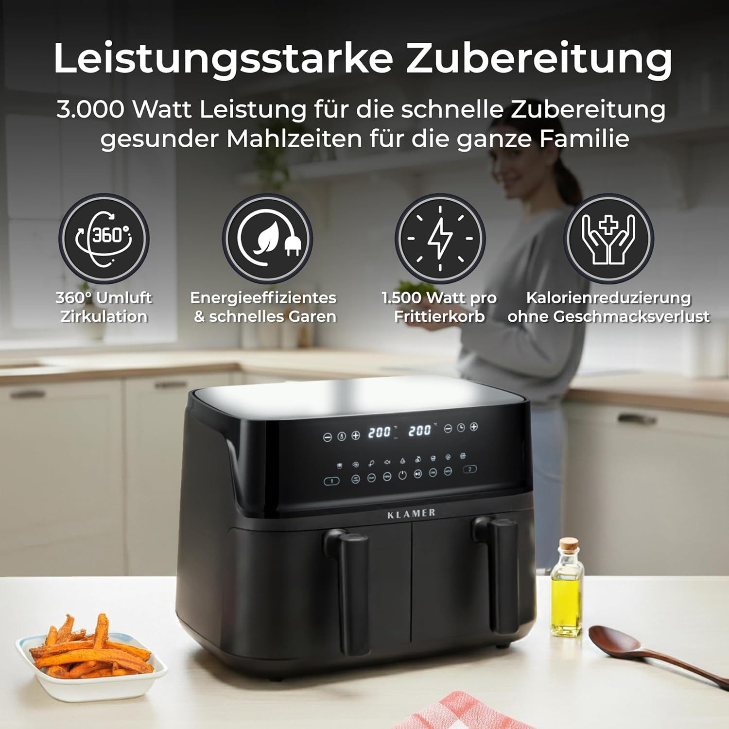 KLAMER Heißluftfritteuse Heißluftfritteuse Duo 9 L – Doppelkammer Airfryer mit 2 Körben, 3000 W, Zwei separate Fächer, Smart-Funktionen, Mehrere Programme & Ste – Bild 4 von 5