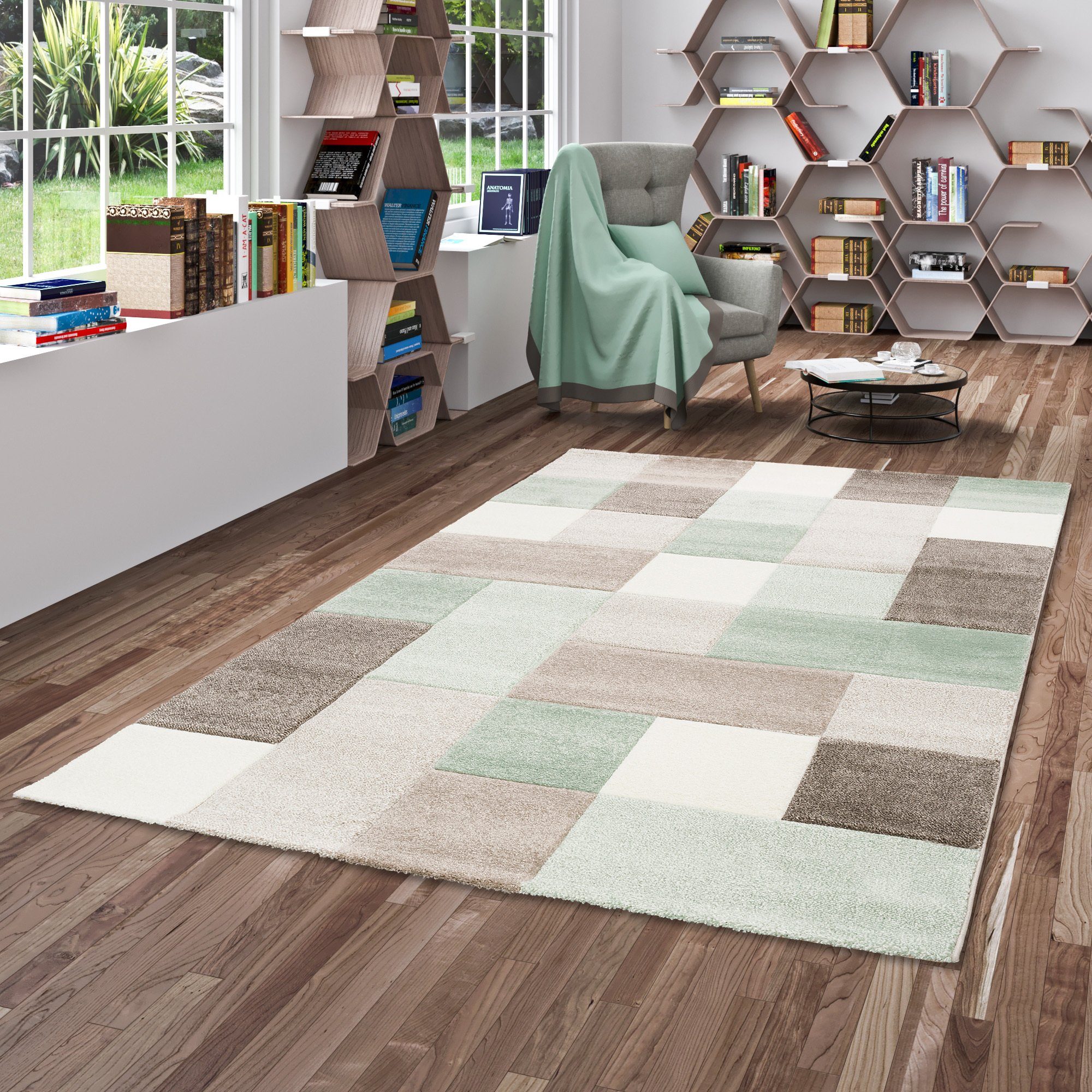 Pergamon Designteppich Designer Teppich Maui Pastell Grün Beige Karo, Recht günstig online kaufen