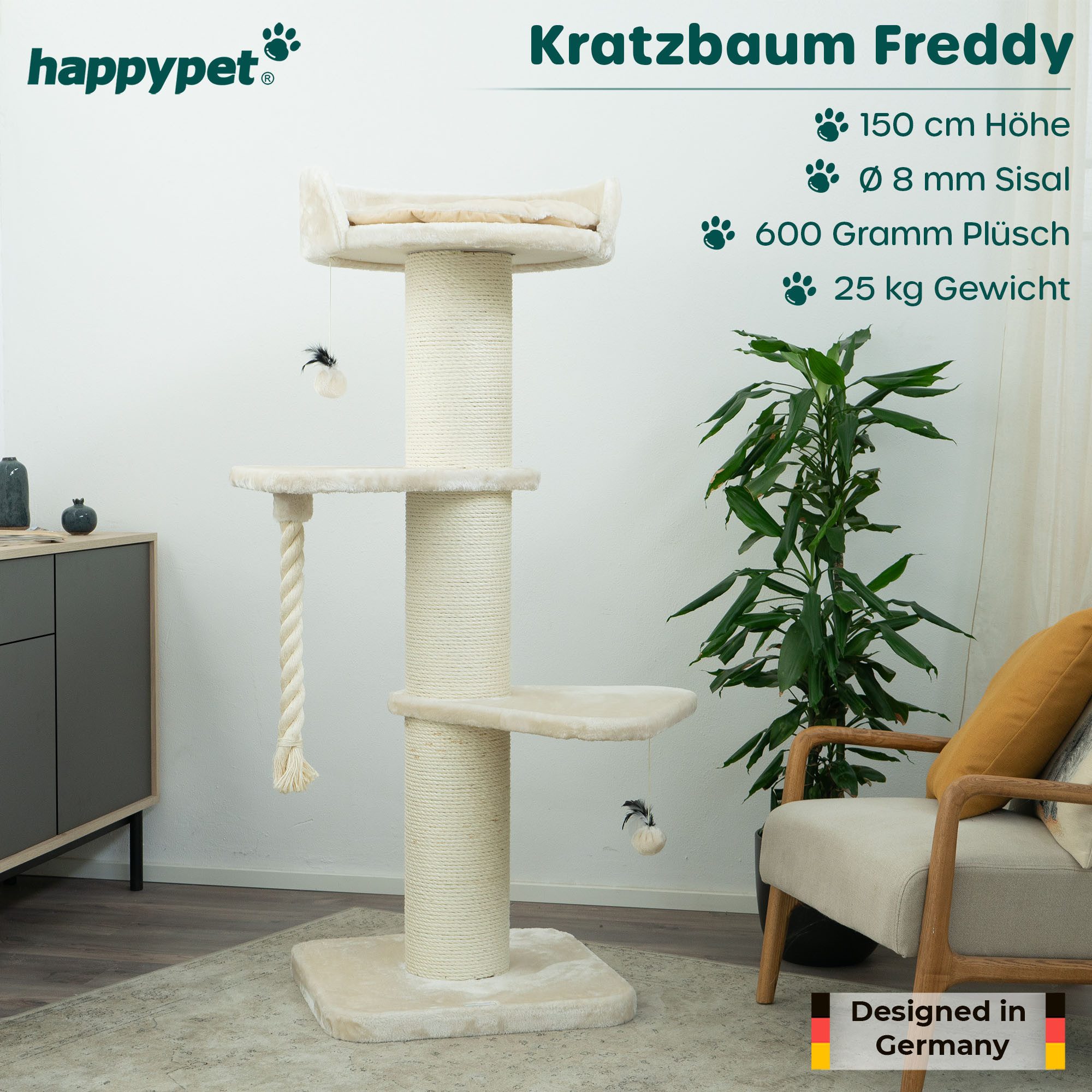 Happypet Kratzbaum FREDDY, Katzenbaum 'Freddy', Gesamthöhe 150 cm, mit Spielseil und Spielball